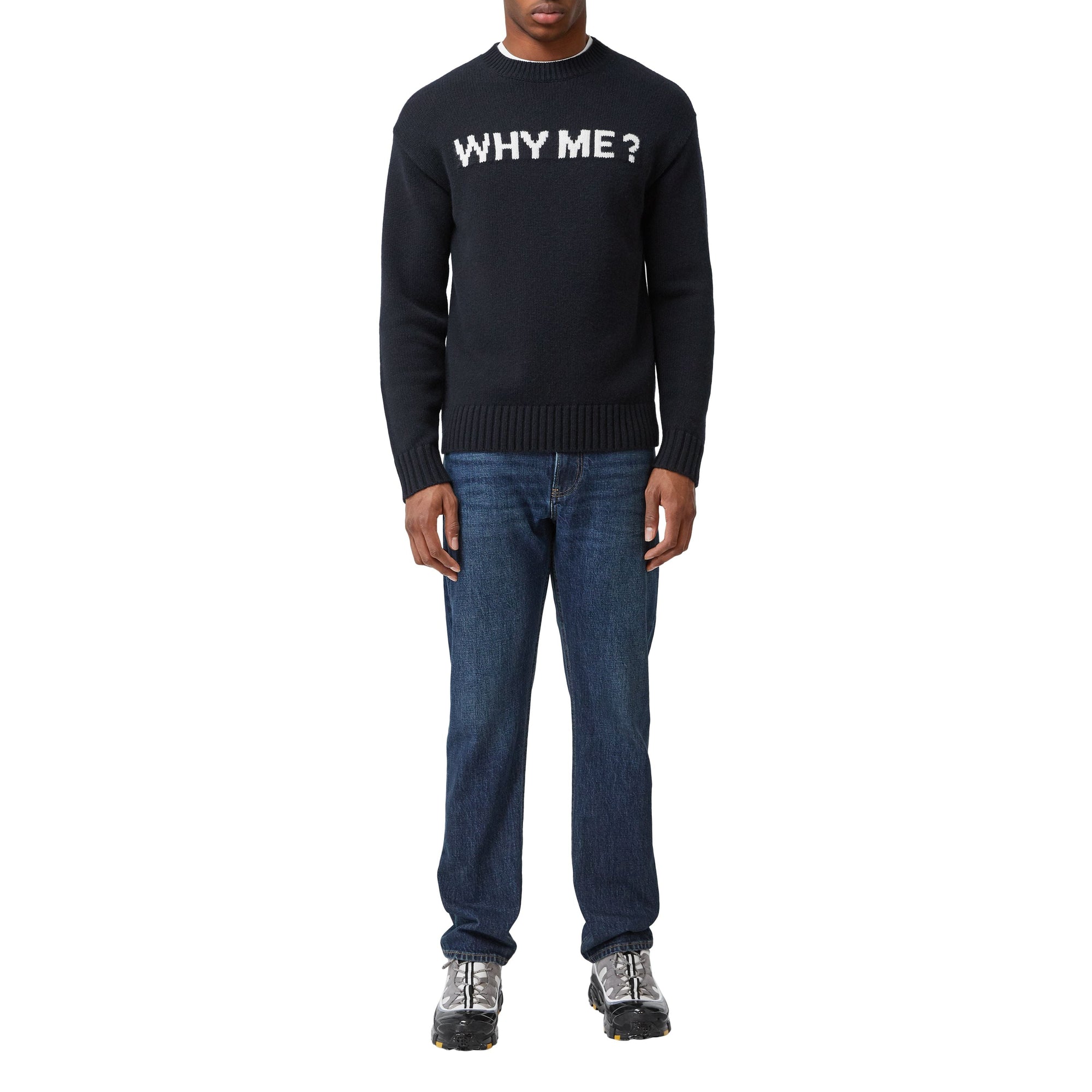 Jean droit délavé à empiècement en cuir - Dark Indigo