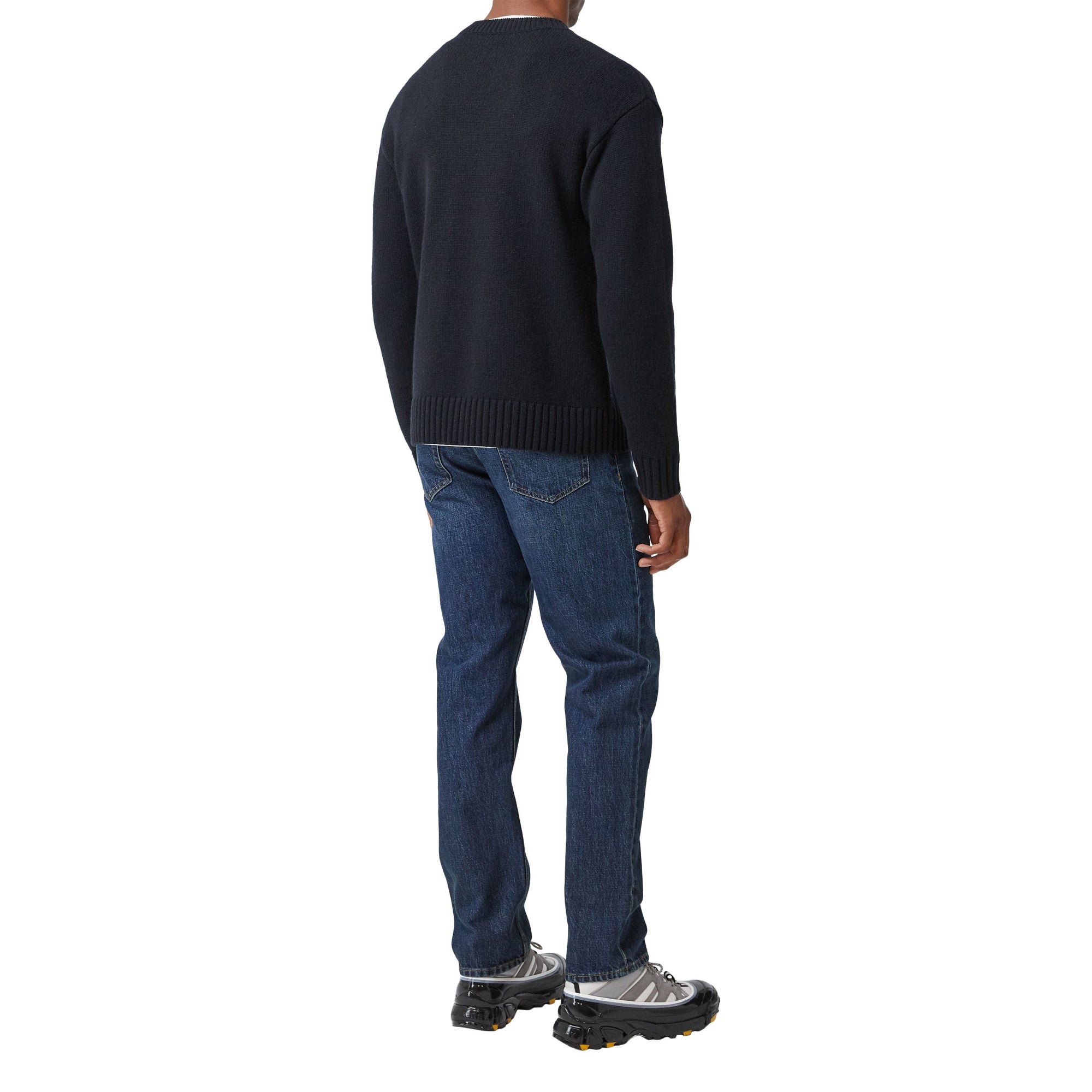 Jean droit délavé à empiècement en cuir - Dark Indigo
