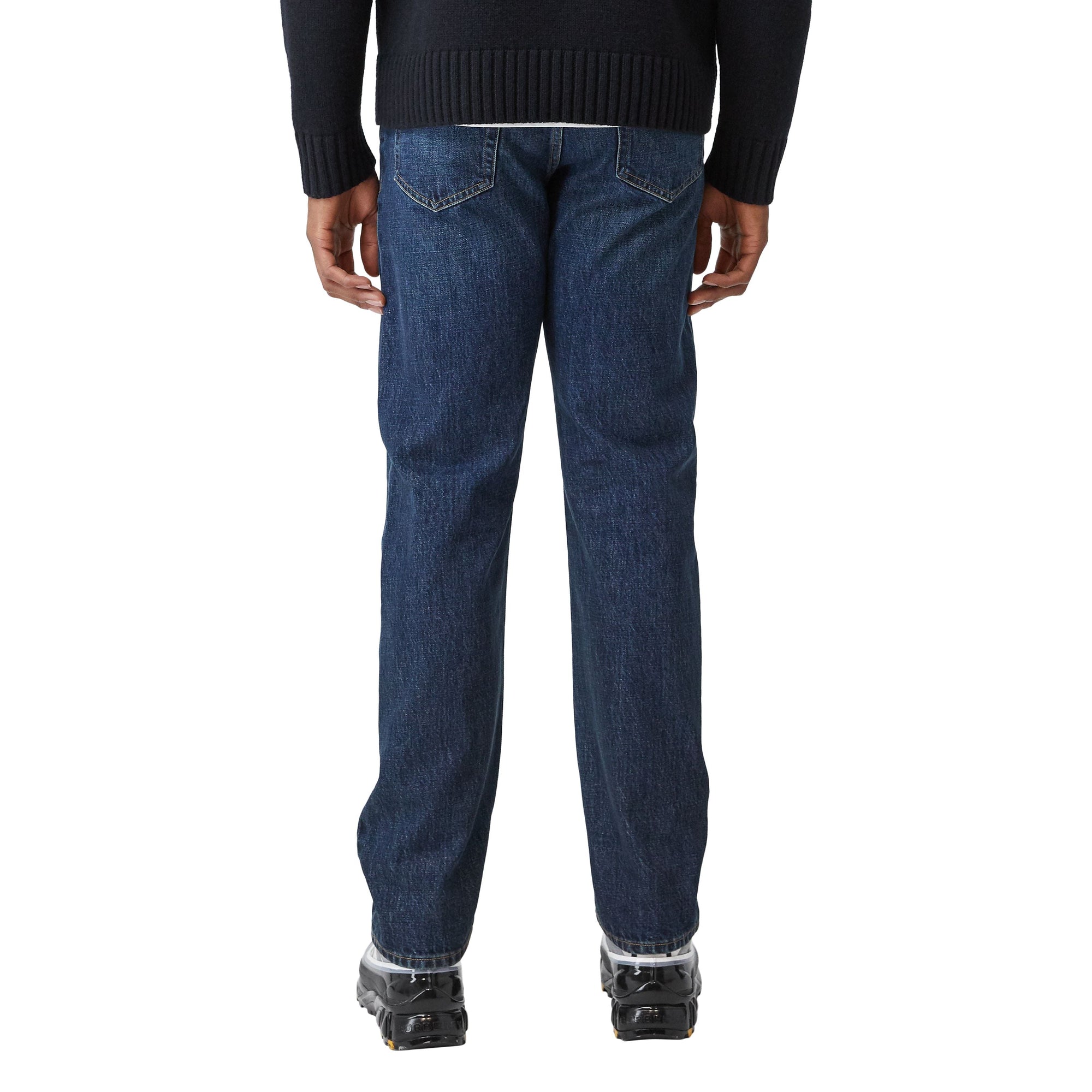 Jean droit délavé à empiècement en cuir - Dark Indigo