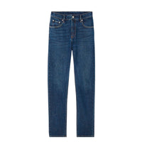 Jean droit délavé à empiècement en cuir - Dark Indigo