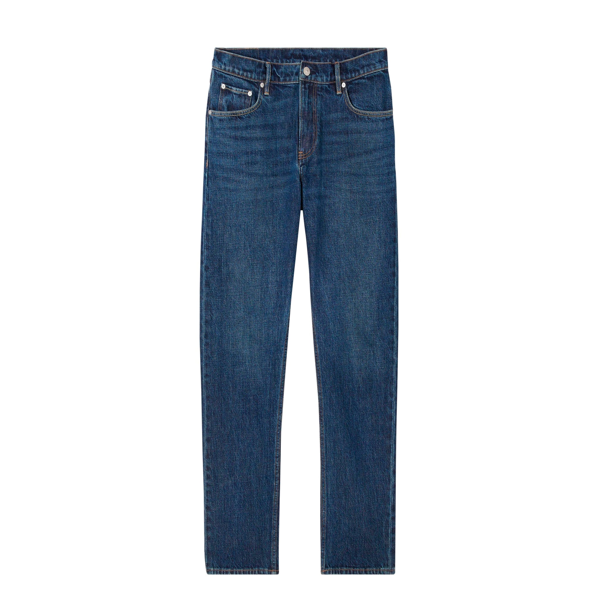 Jean droit délavé à empiècement en cuir - Dark Indigo