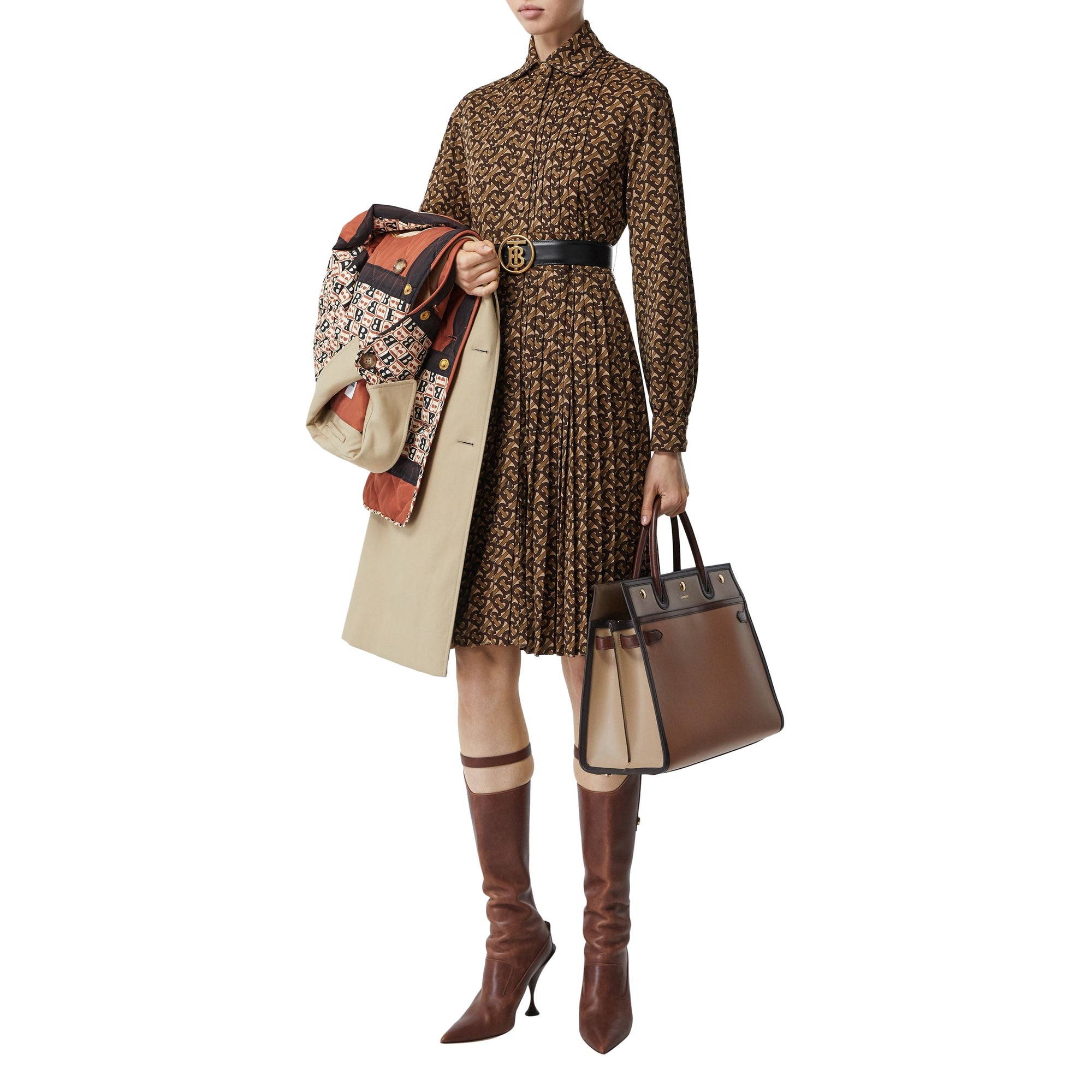 Robe chemise en jersey plissée ceinturée Monogram - Bridle Brown