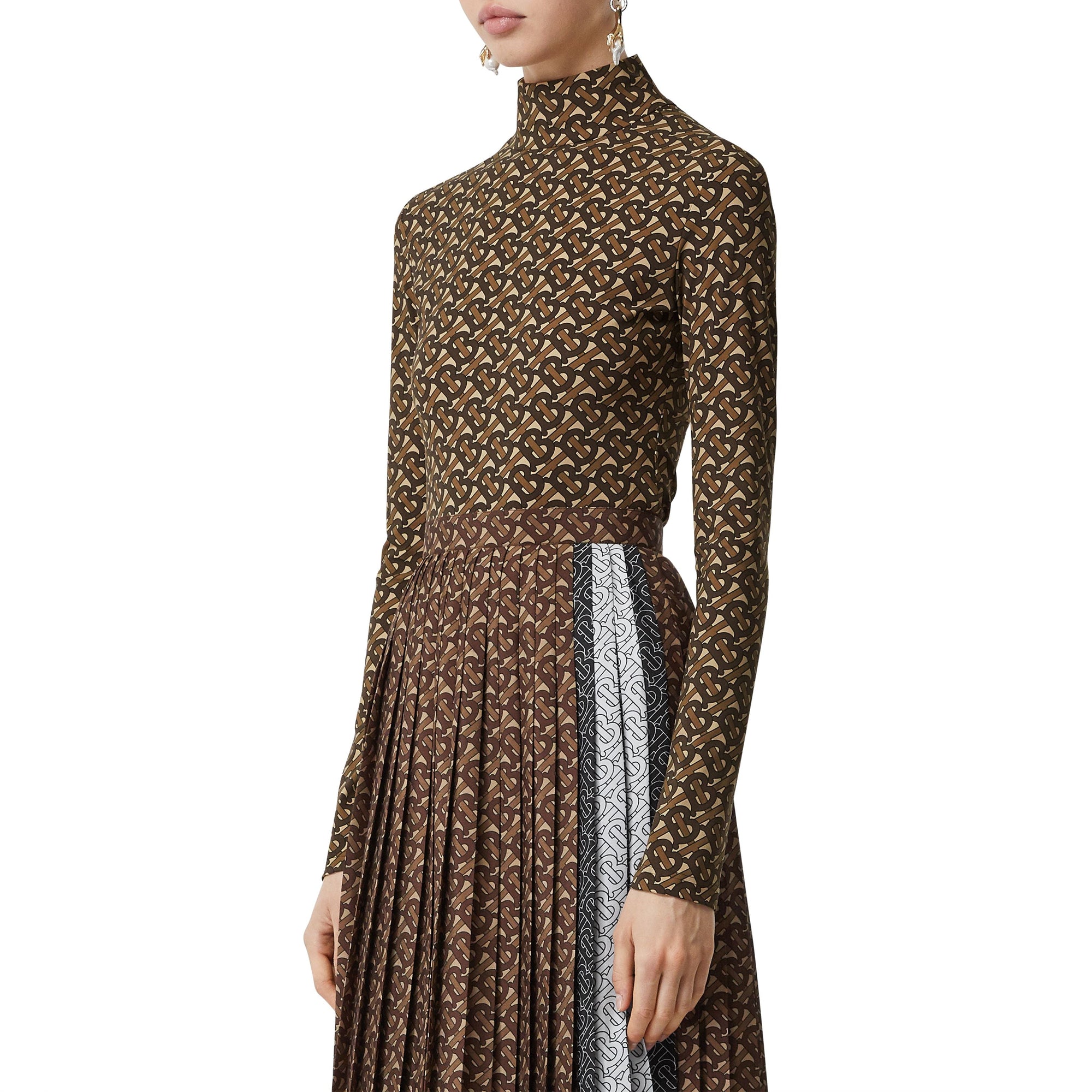 Jupe plissée en crêpe rayée Monogram - Dark Mocha