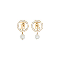Boucles d'oreilles plaquées or monogramme à perle - Light gold & Crystal