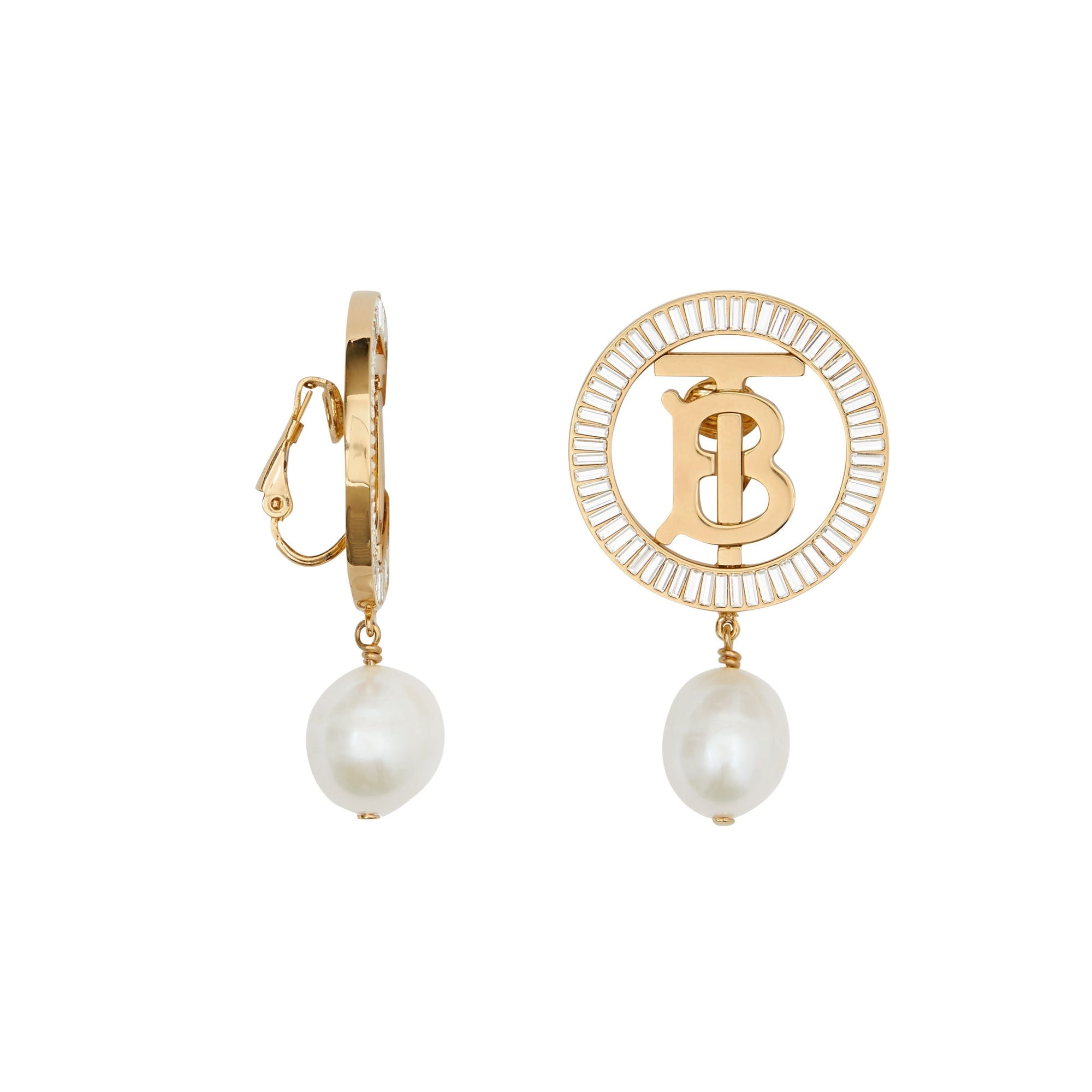 Boucles d'oreilles plaquées or monogramme à perle - Light gold & Crystal