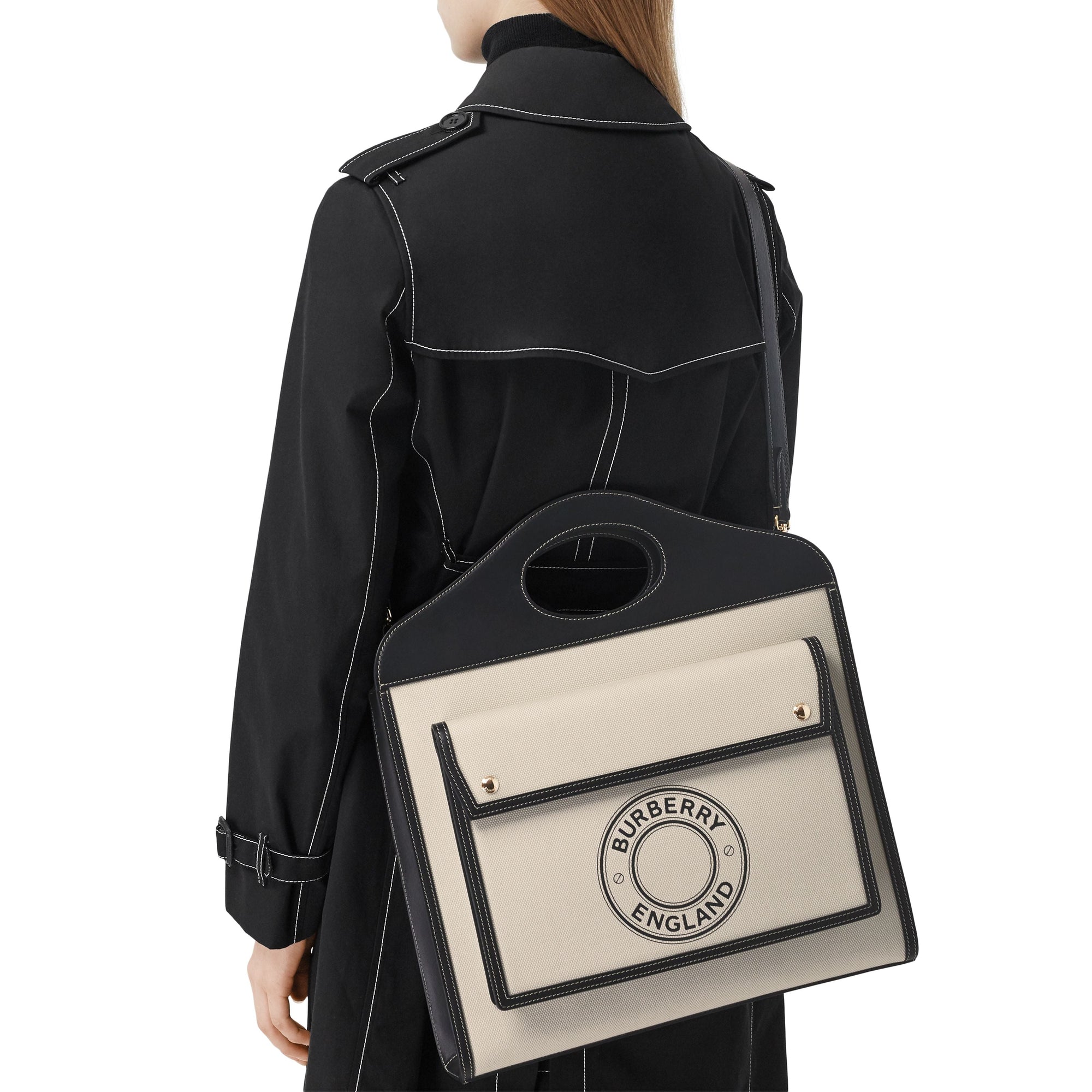 Sac Pocket moyen en toile et cuir à logo - Black & White
