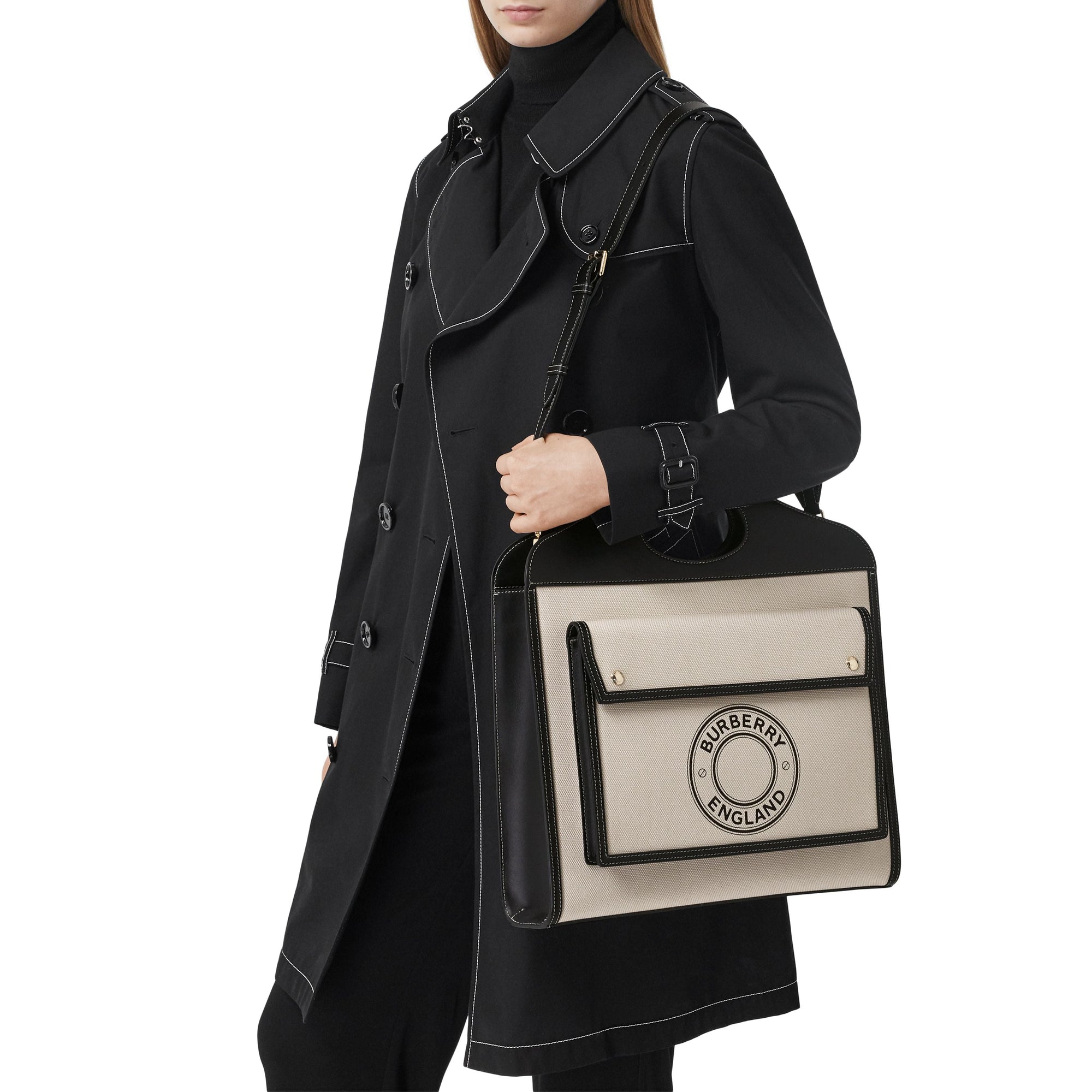 Sac Pocket moyen en toile et cuir à logo - Black & White