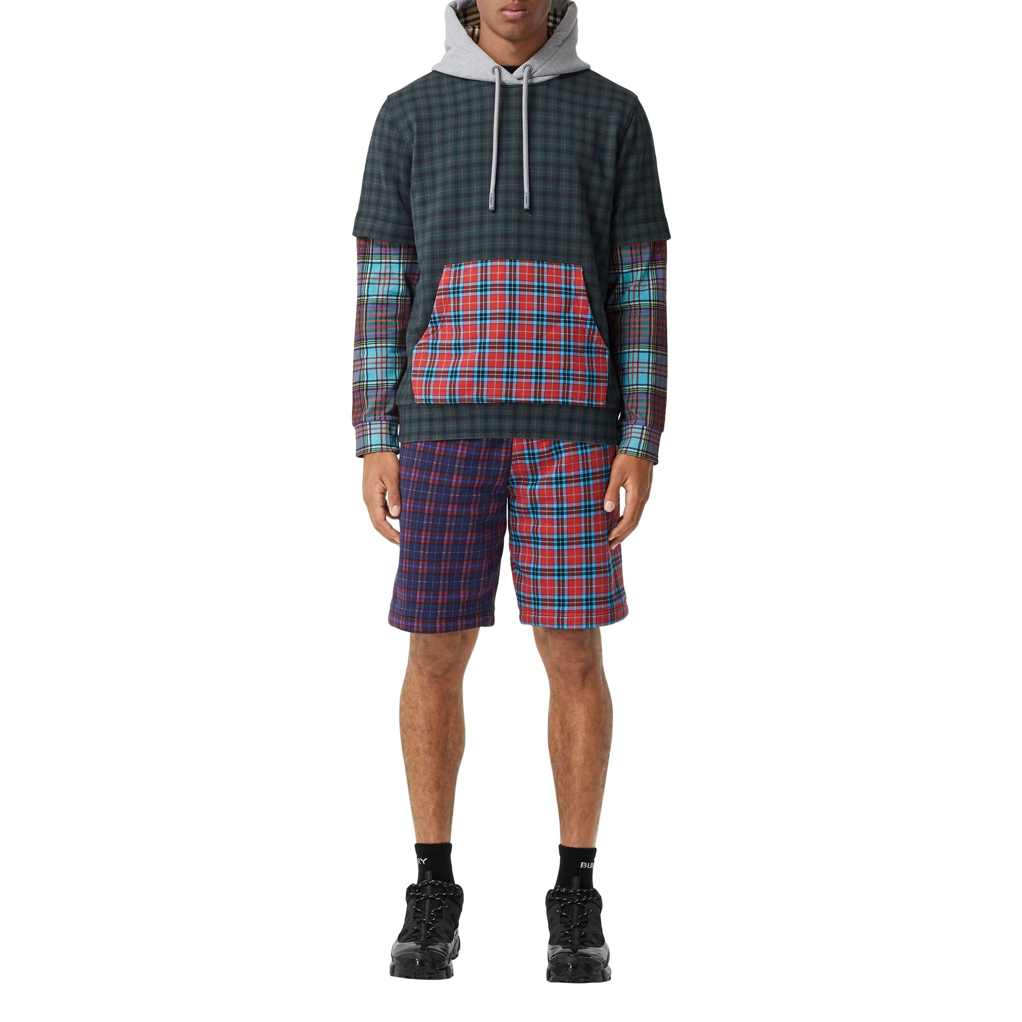 Sweat à capuche et motif check façon patchwork - Deep Green
