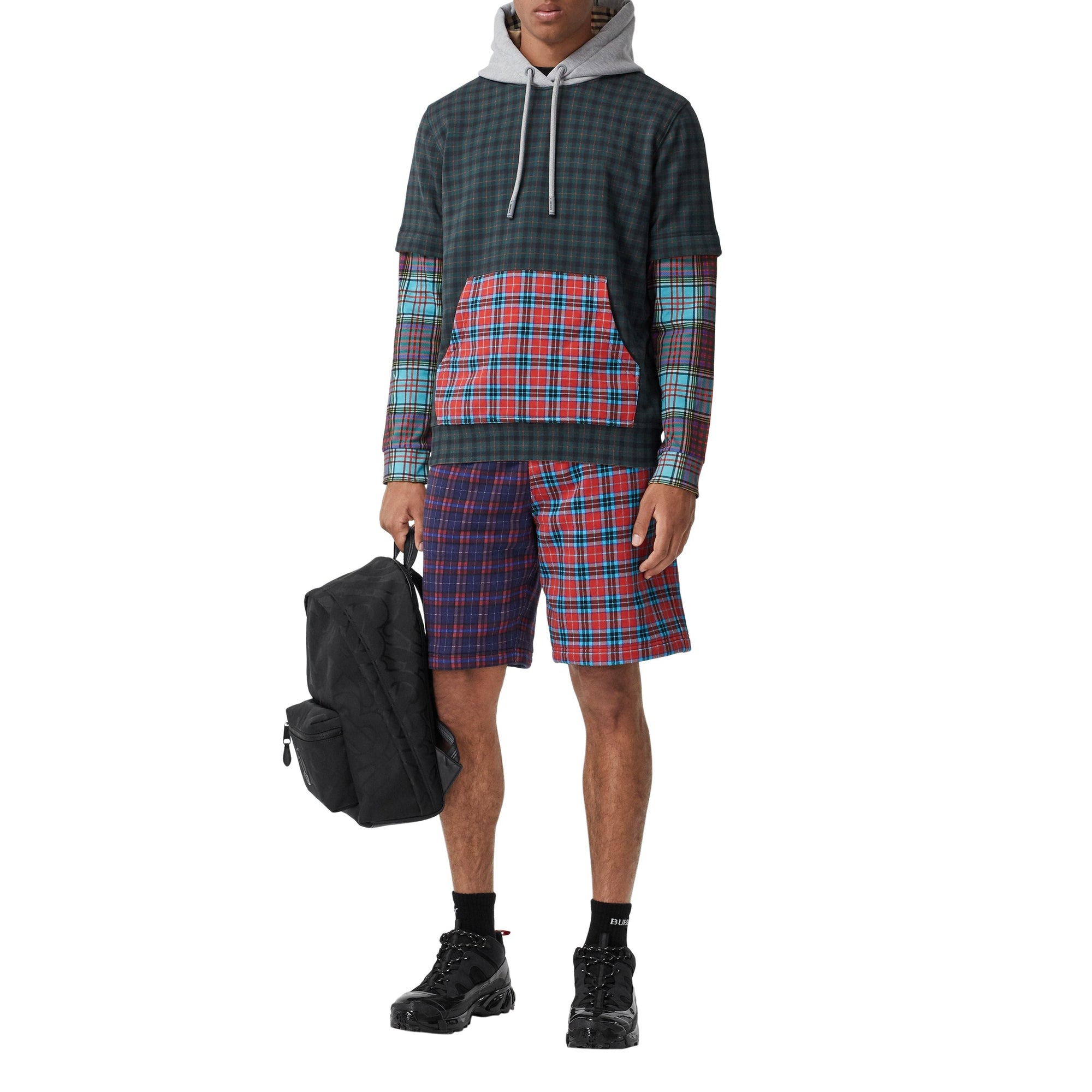Sweat à capuche et motif check façon patchwork - Deep Green