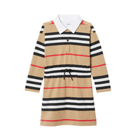 Robe enfant en coton à manches longues avec rayures iconiques - Archive Beige