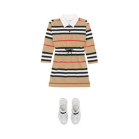 Robe enfant en coton à manches longues avec rayures iconiques - Archive Beige