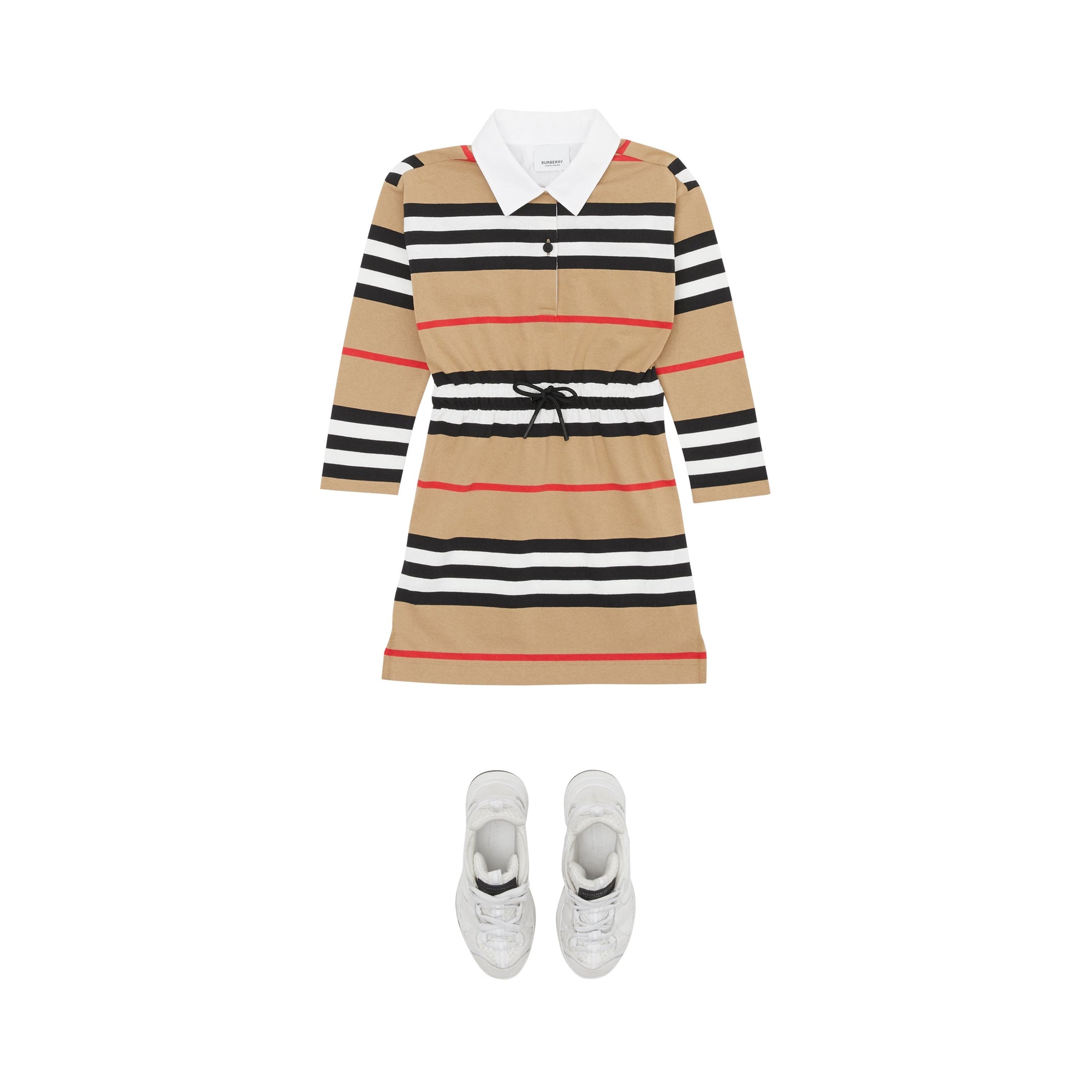 Robe enfant en coton à manches longues avec rayures iconiques - Archive Beige