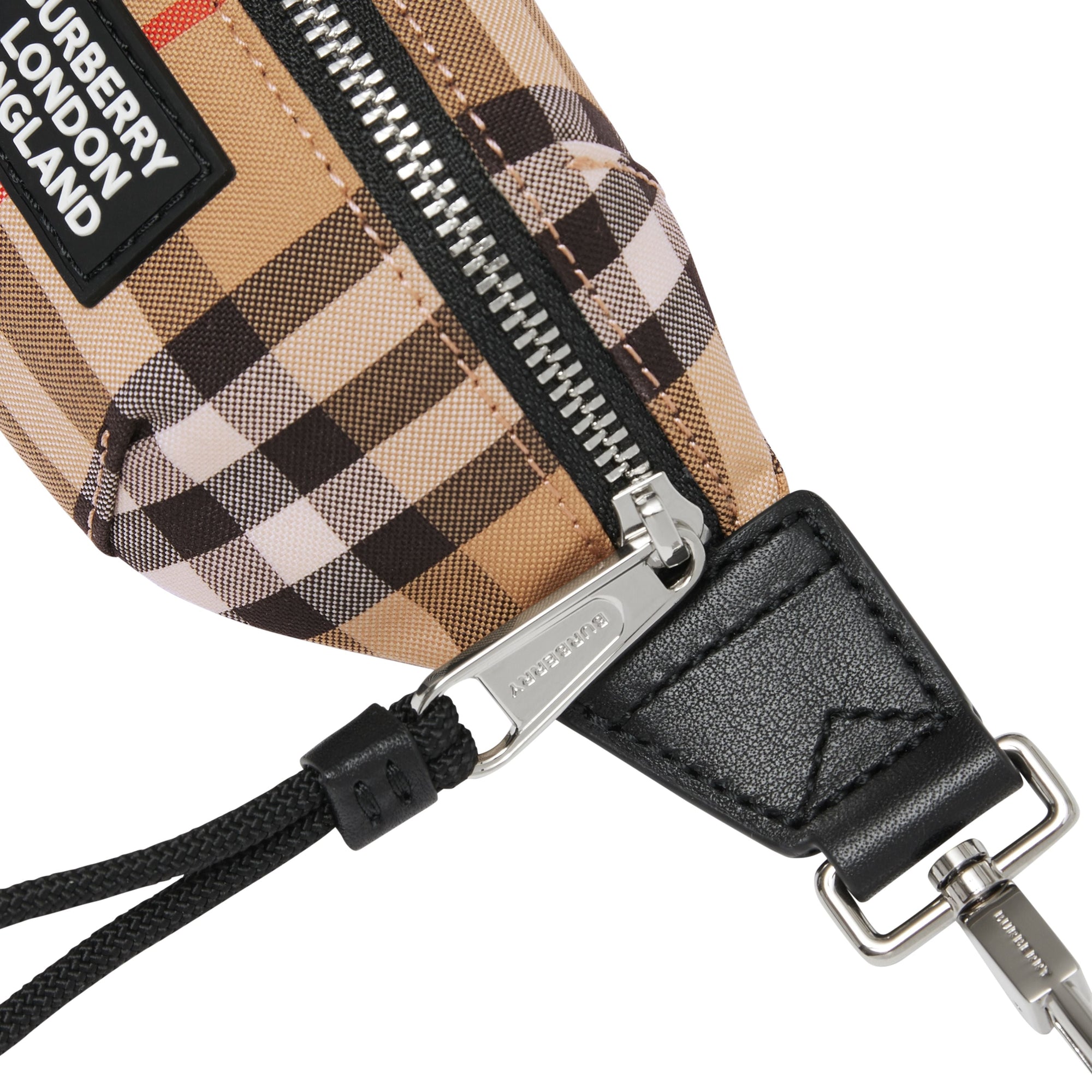 Porte-clés sac banane en cuir à motif check - Archive Beige