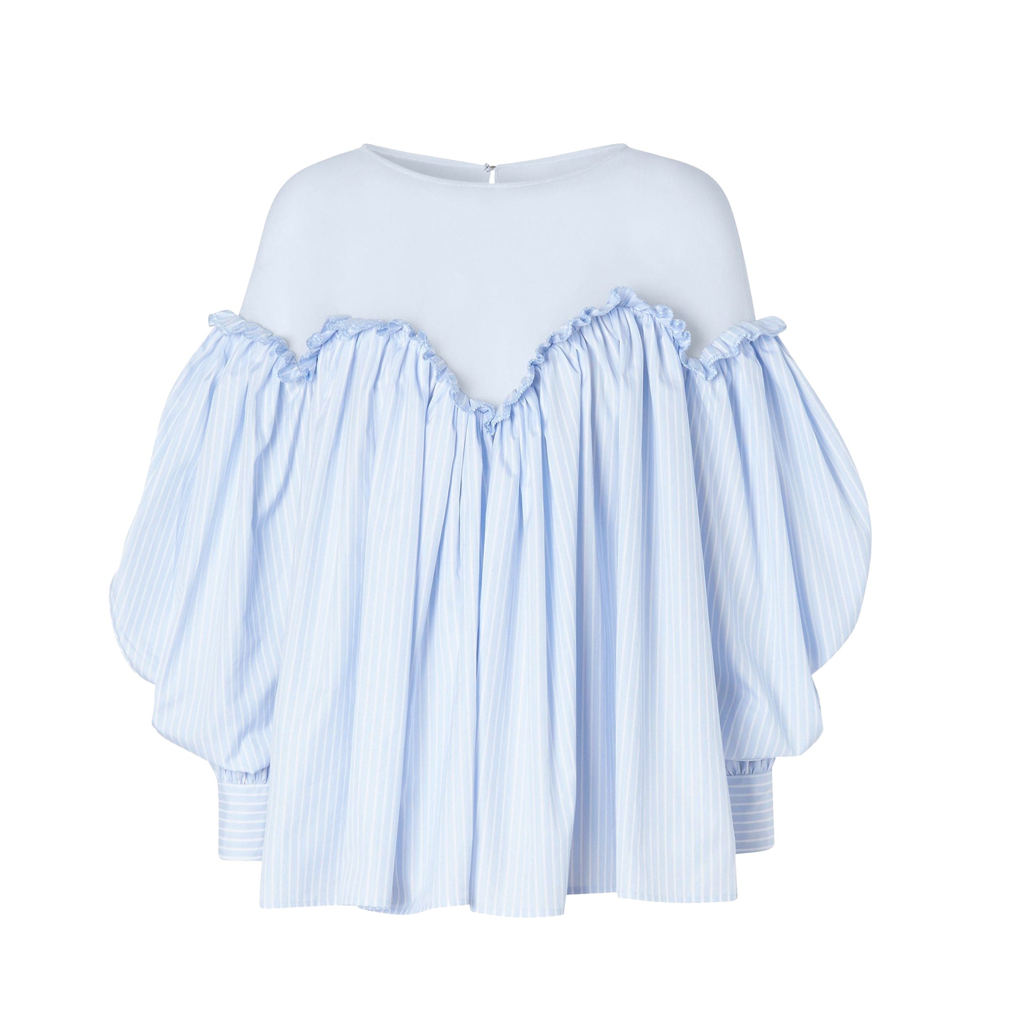 Chemisier rayé à manches bouffantes en coton et jersey - Pale Blue Stripe