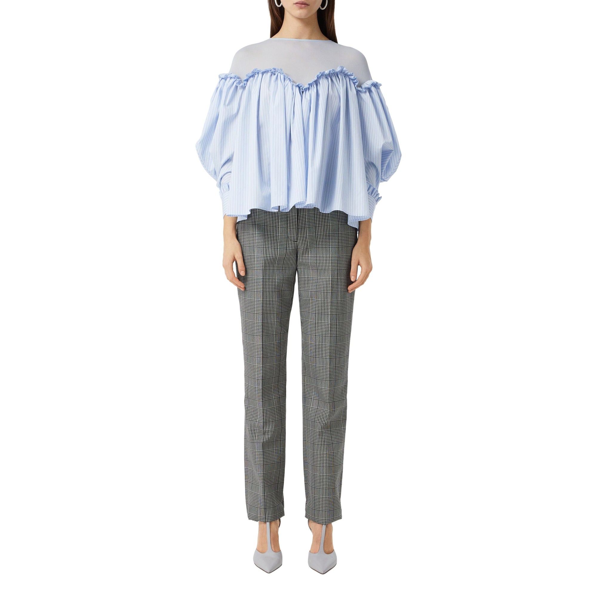 Chemisier rayé à manches bouffantes en coton et jersey - Pale Blue Stripe