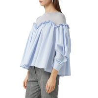 Chemisier rayé à manches bouffantes en coton et jersey - Pale Blue Stripe