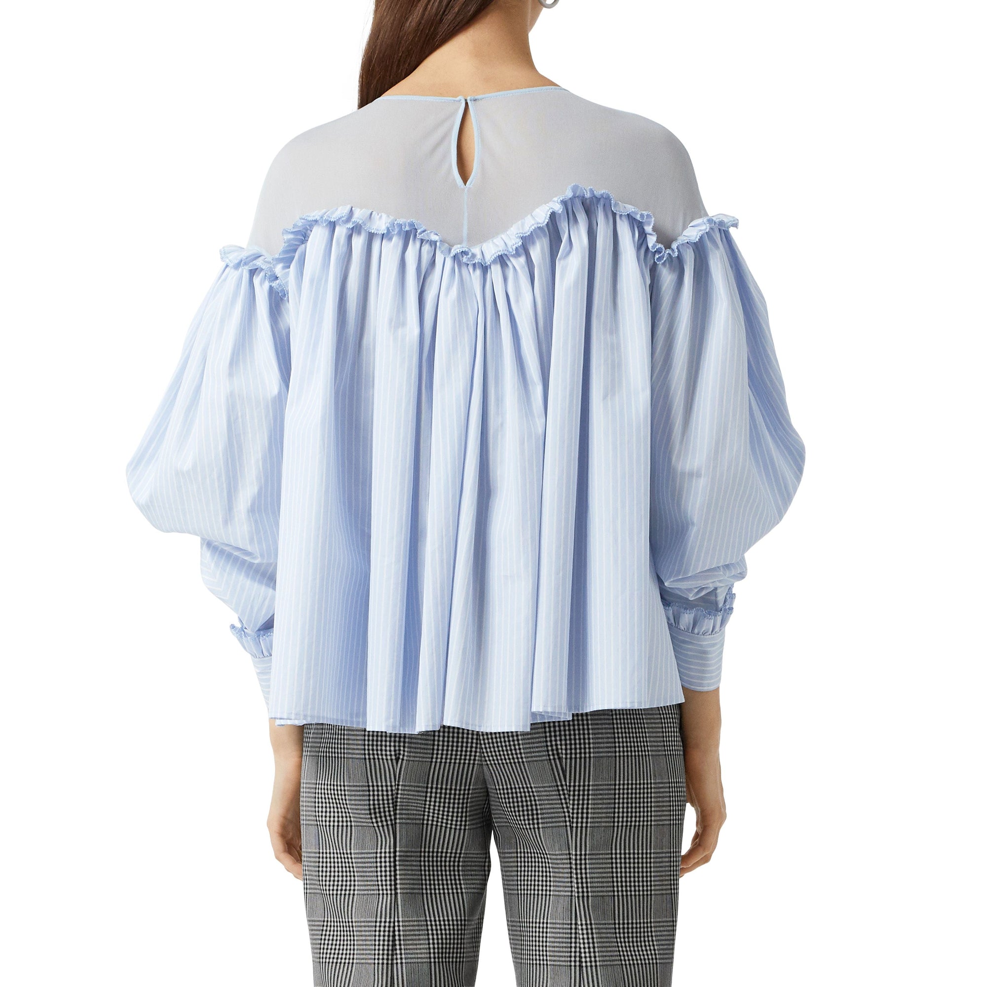 Chemisier rayé à manches bouffantes en coton et jersey - Pale Blue Stripe