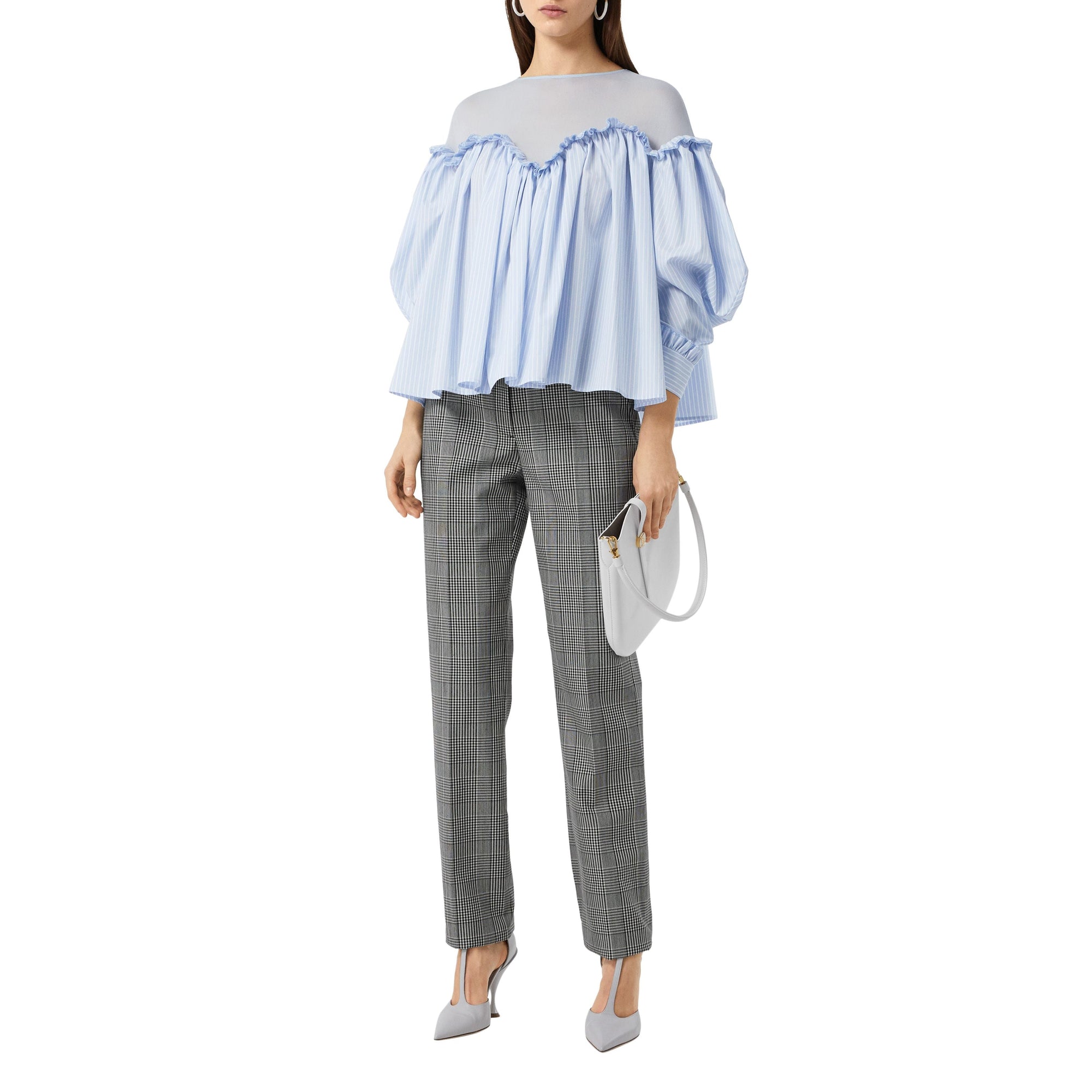 Chemisier rayé à manches bouffantes en coton et jersey - Pale Blue Stripe