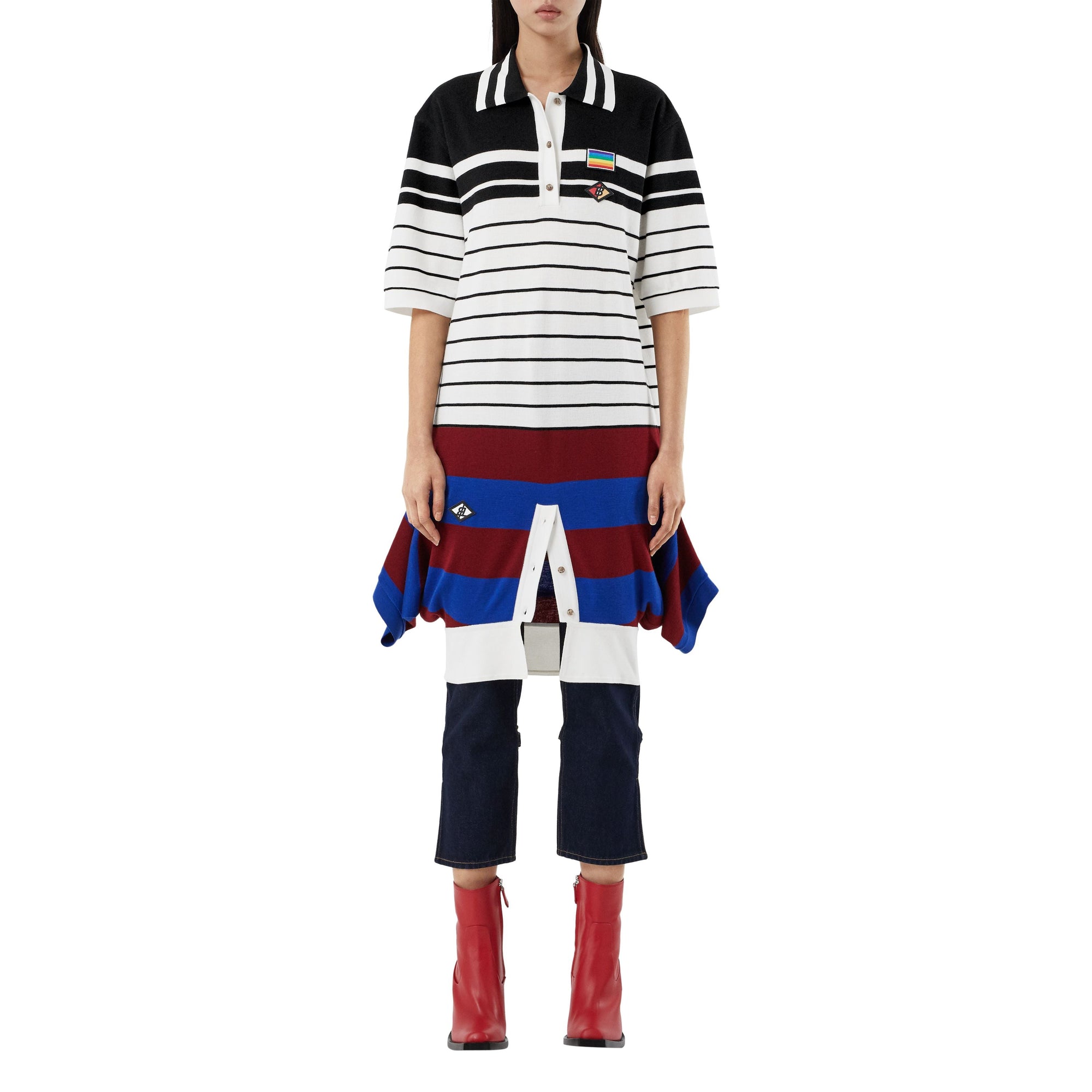 Robe polo déstructurée en laine mérinos rayée - Black