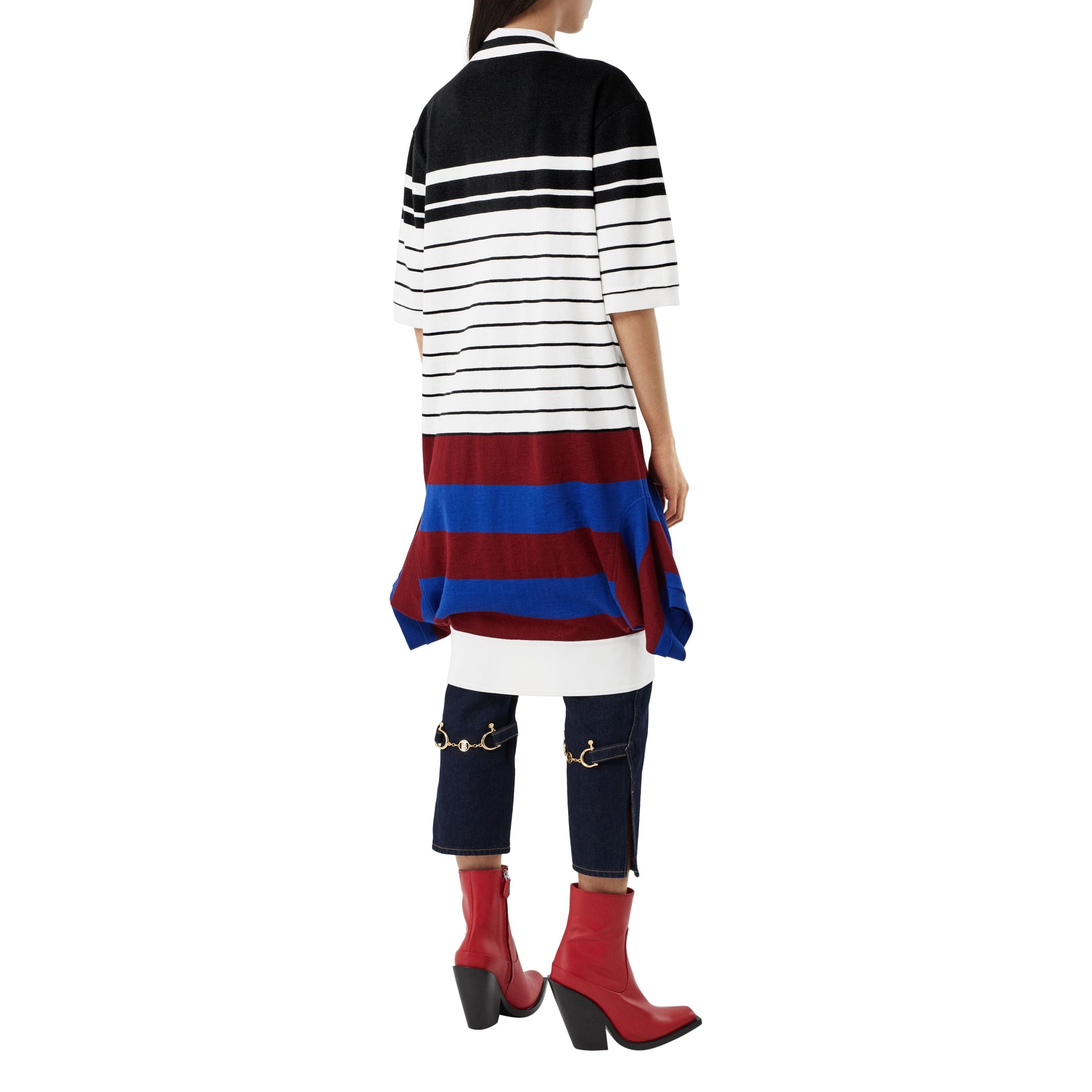 Robe polo déstructurée en laine mérinos rayée - Black