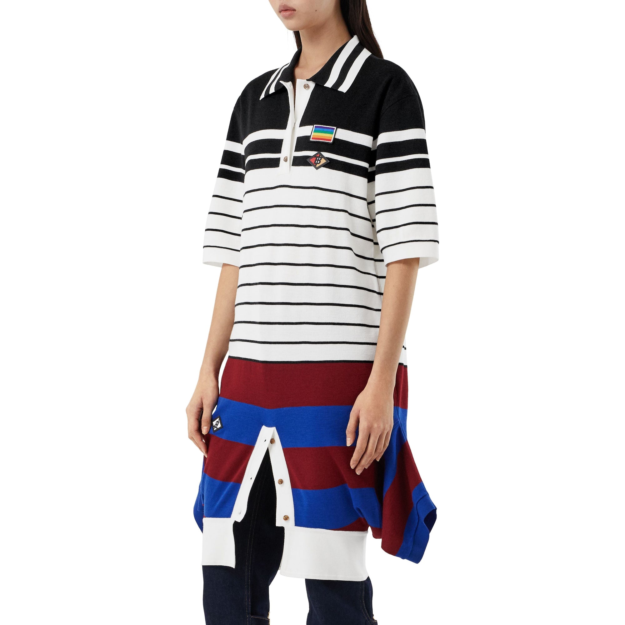 Robe polo déstructurée en laine mérinos rayée - Black