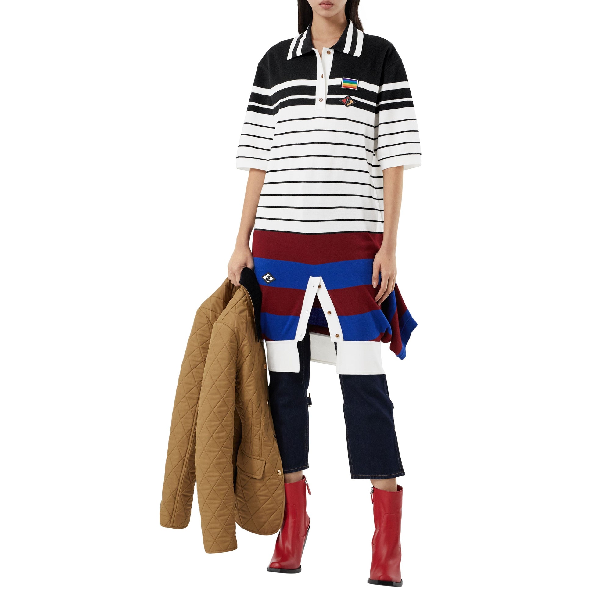 Robe polo déstructurée en laine mérinos rayée - Black