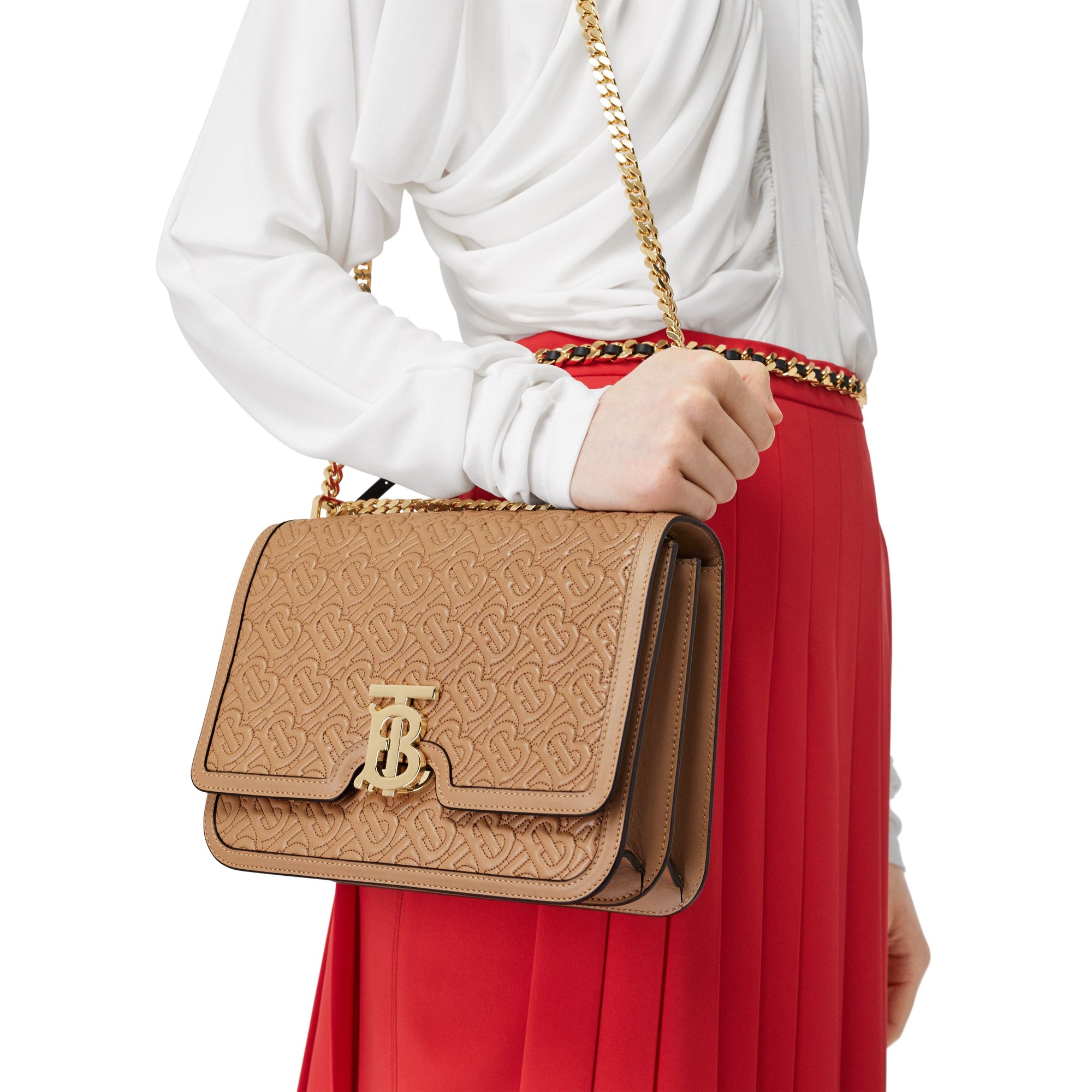 Sac TB moyen en cuir d'agneau Monogram matelassé - Honey