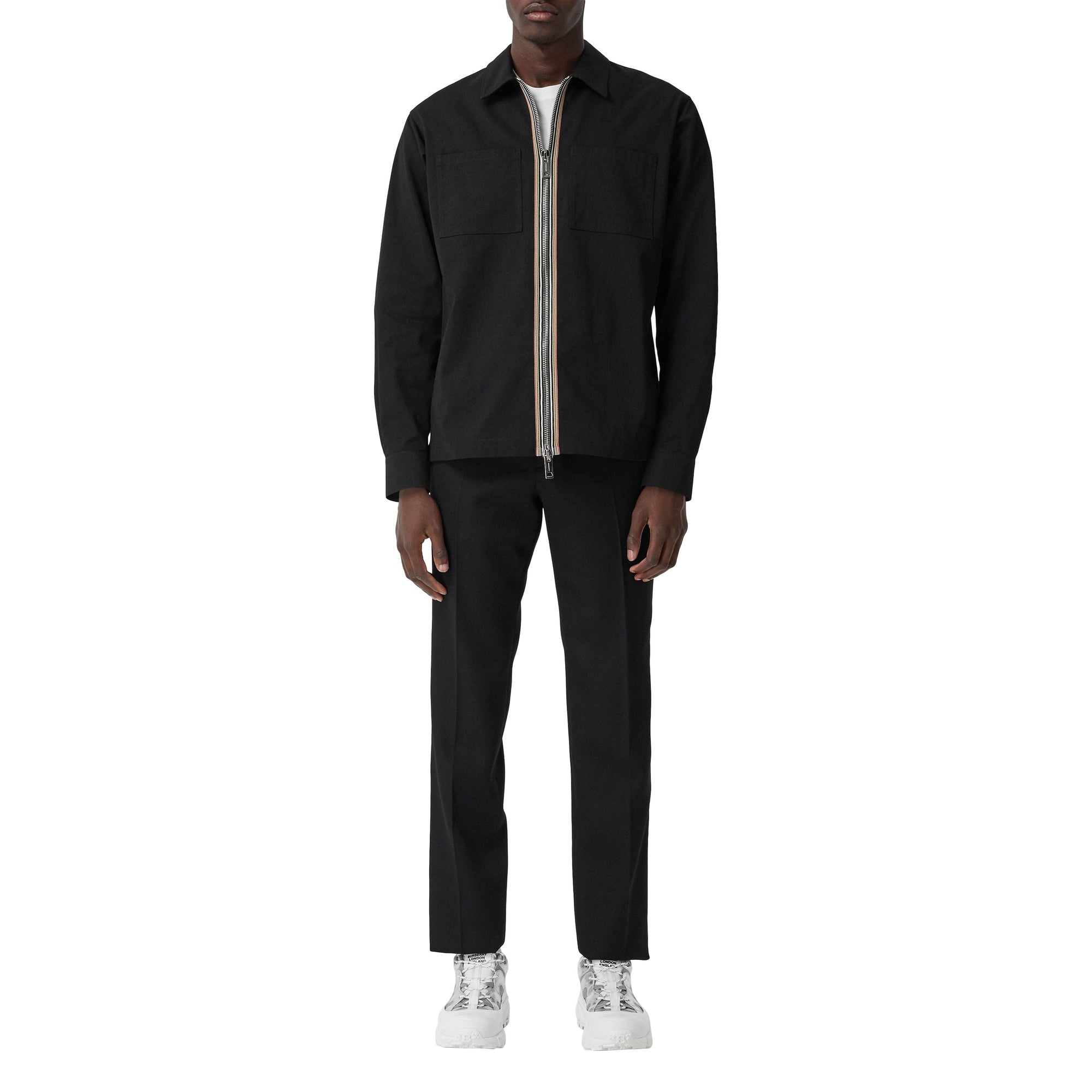 Chemise zippée en sergé technique à rayures - Black