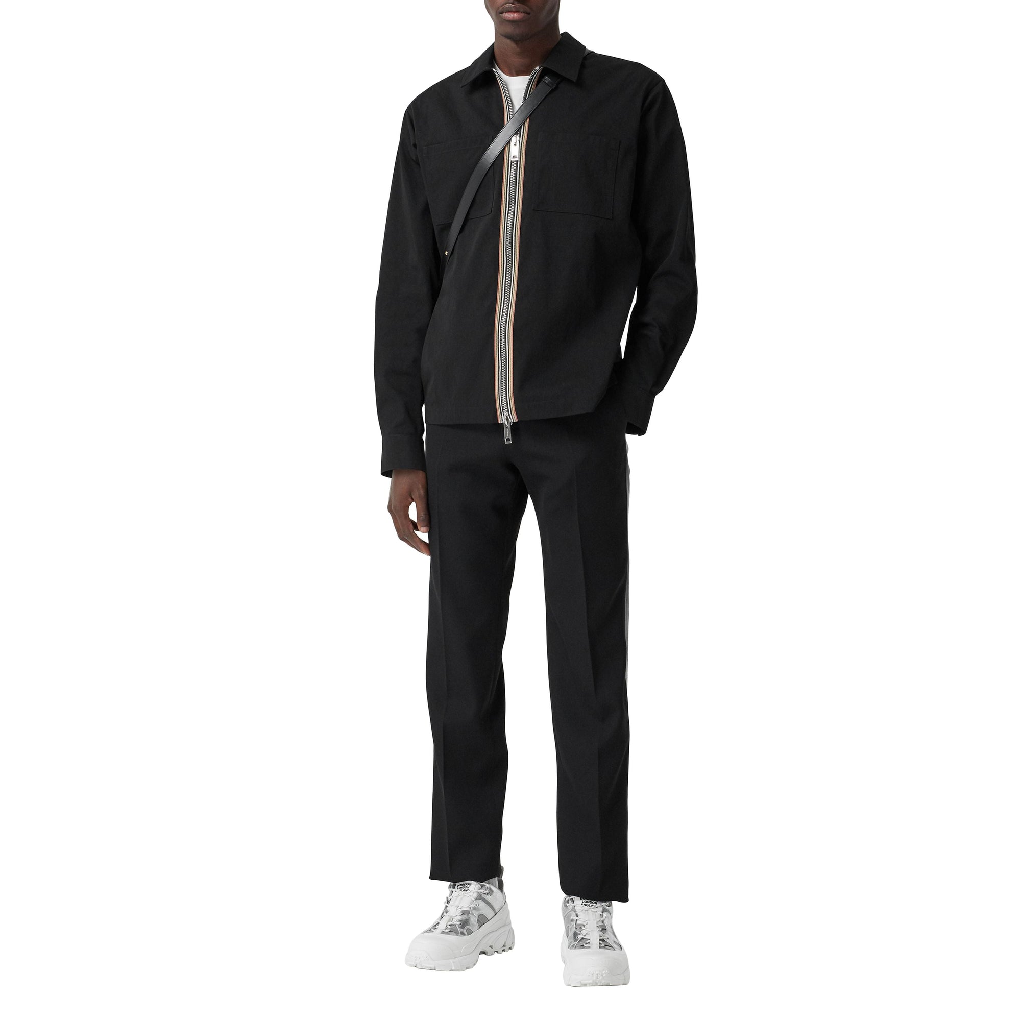 Chemise zippée en sergé technique à rayures - Black