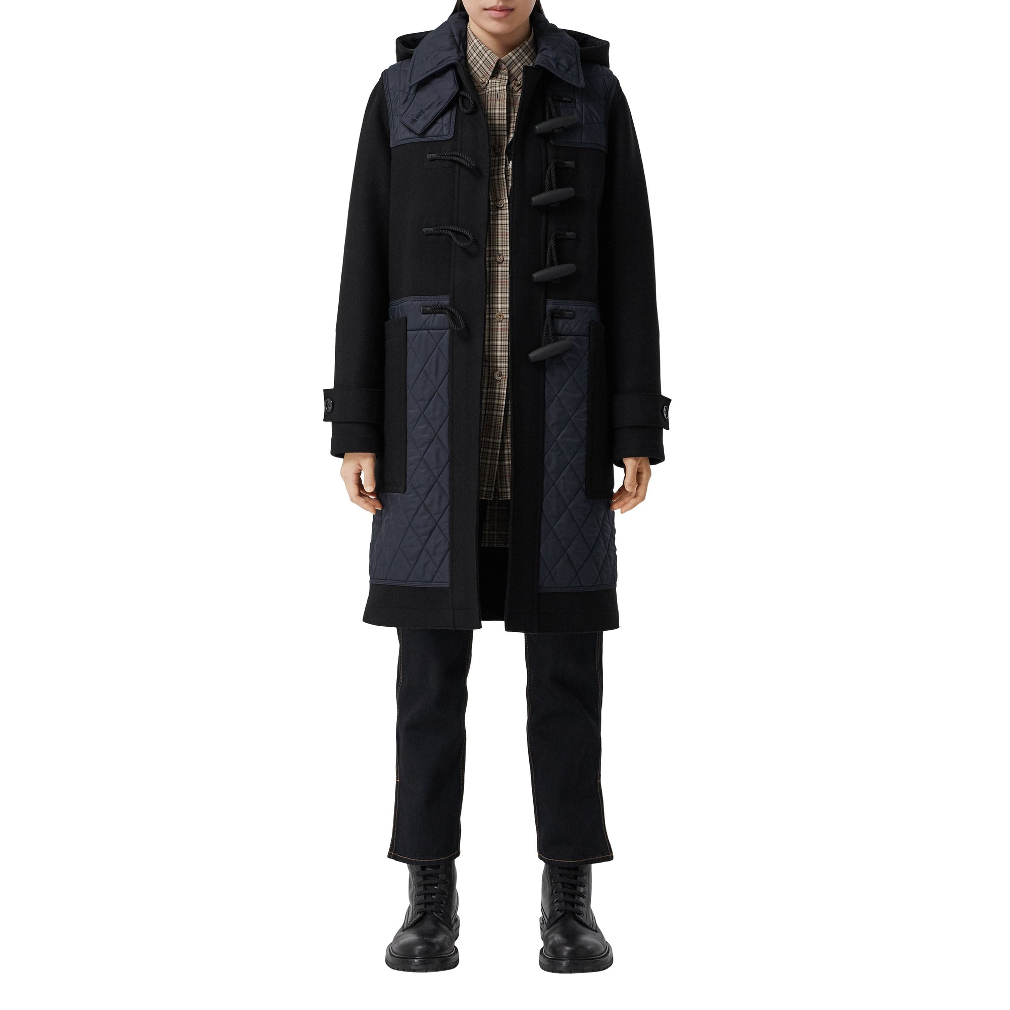 Duffle-coat en laine technique avec panneaux matelassés - Black