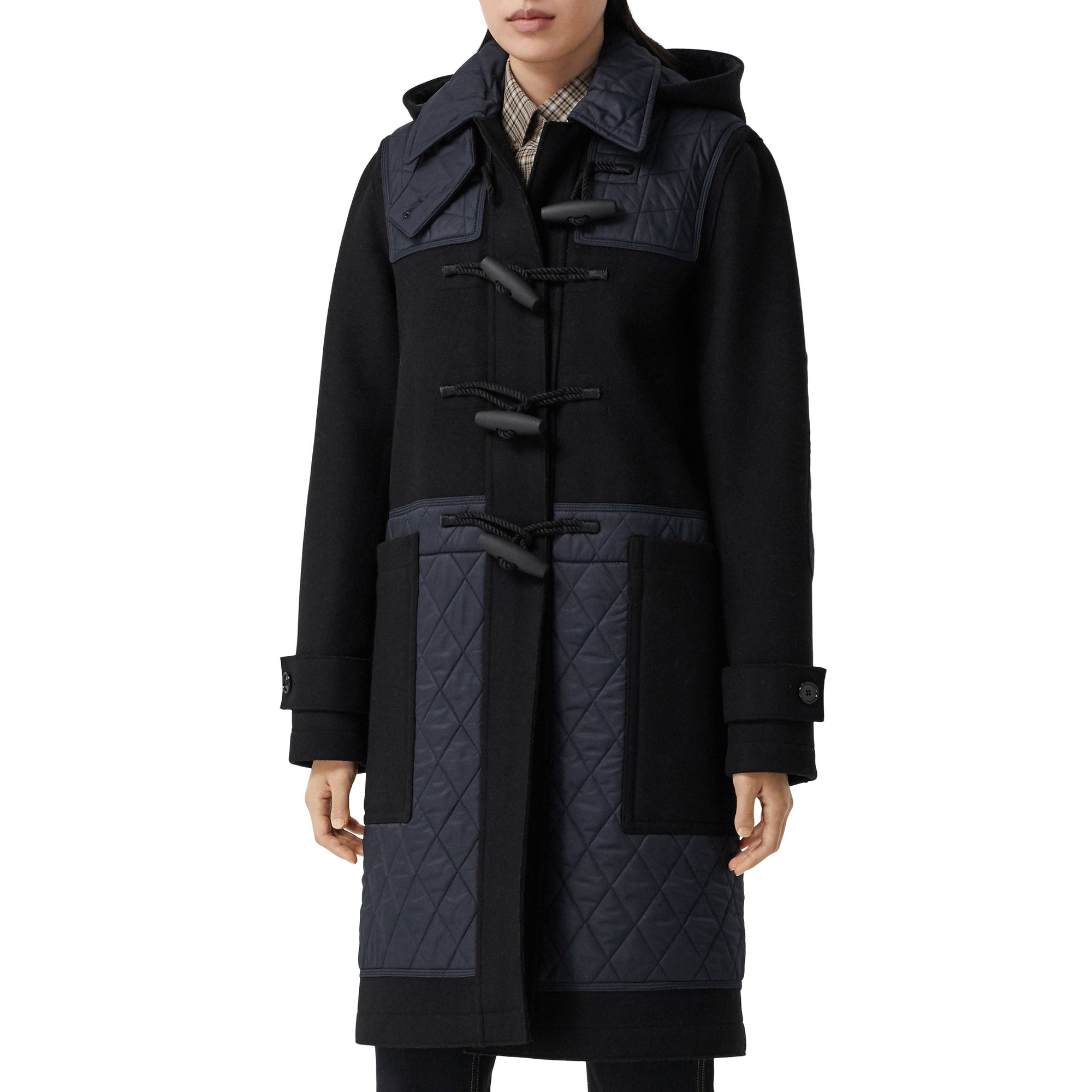 Duffle-coat en laine technique avec panneaux matelassés - Black