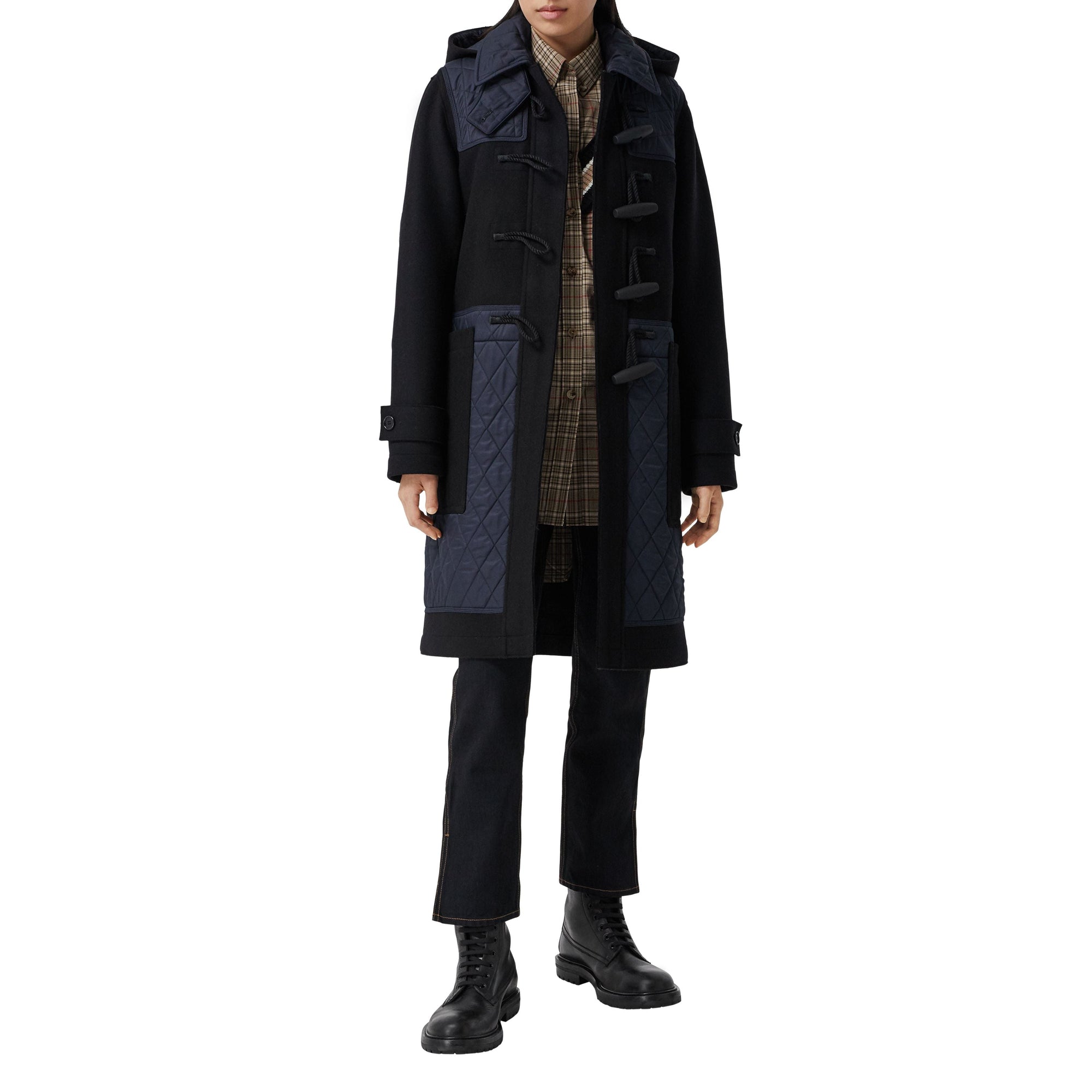 Duffle-coat en laine technique avec panneaux matelassés - Black