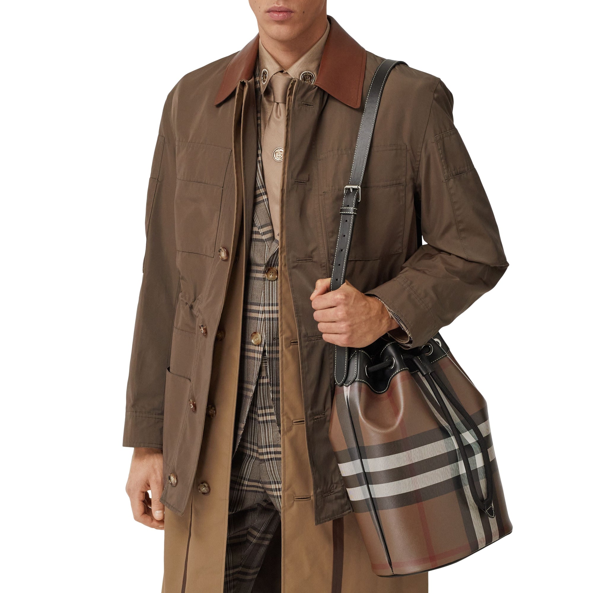 Cabas en cuir Check avec cordon de serrage - Dark Birch Brown