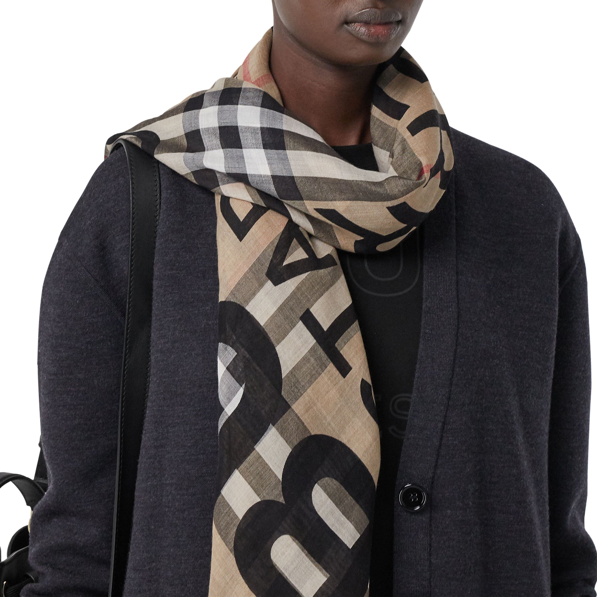 Écharpe en laine et soie à motif check - Archive Beige