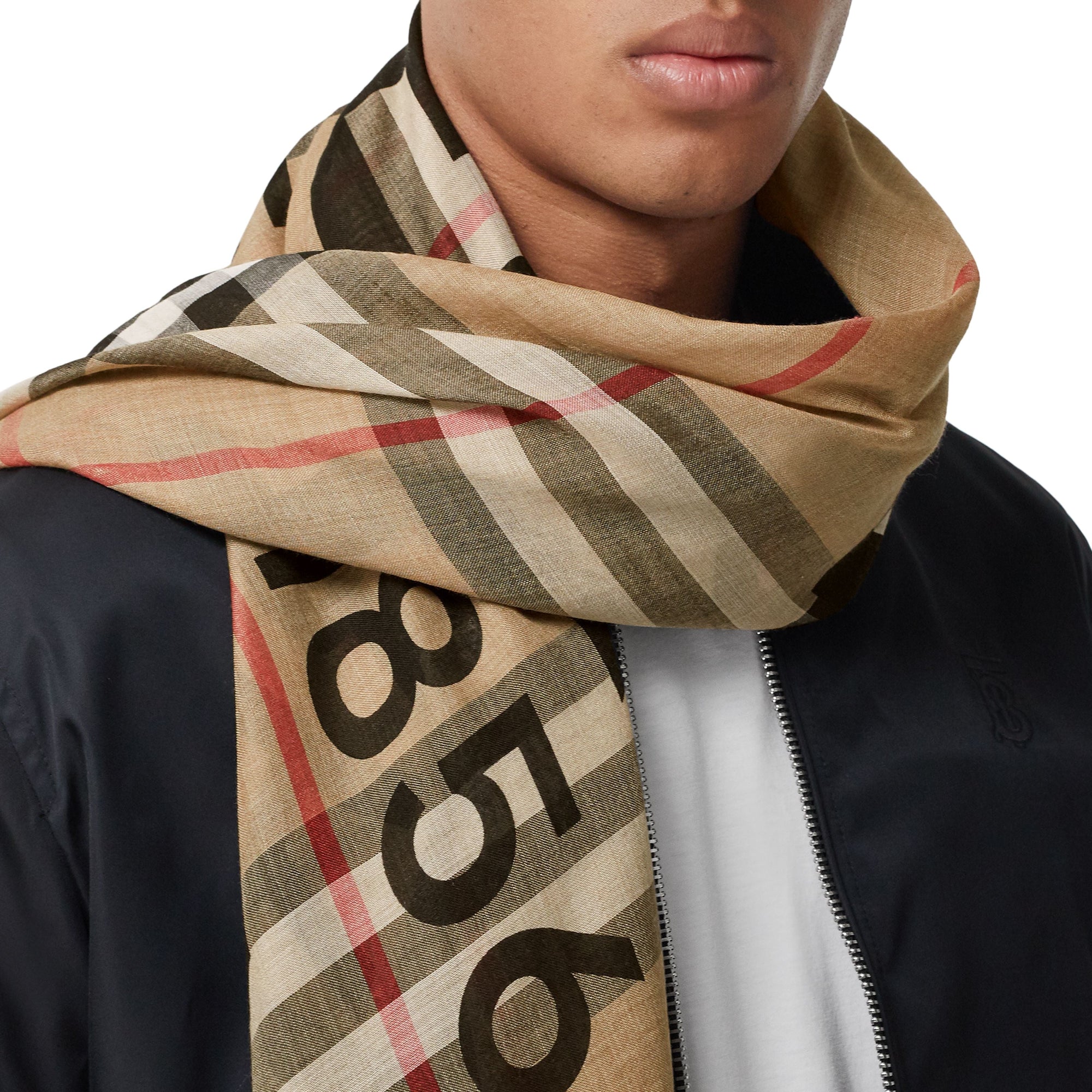 Écharpe en laine et soie à motif check - Archive Beige