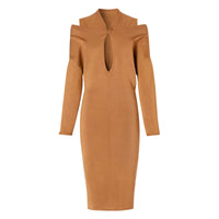 Robe à manches longues en maille avec découpes - Camel