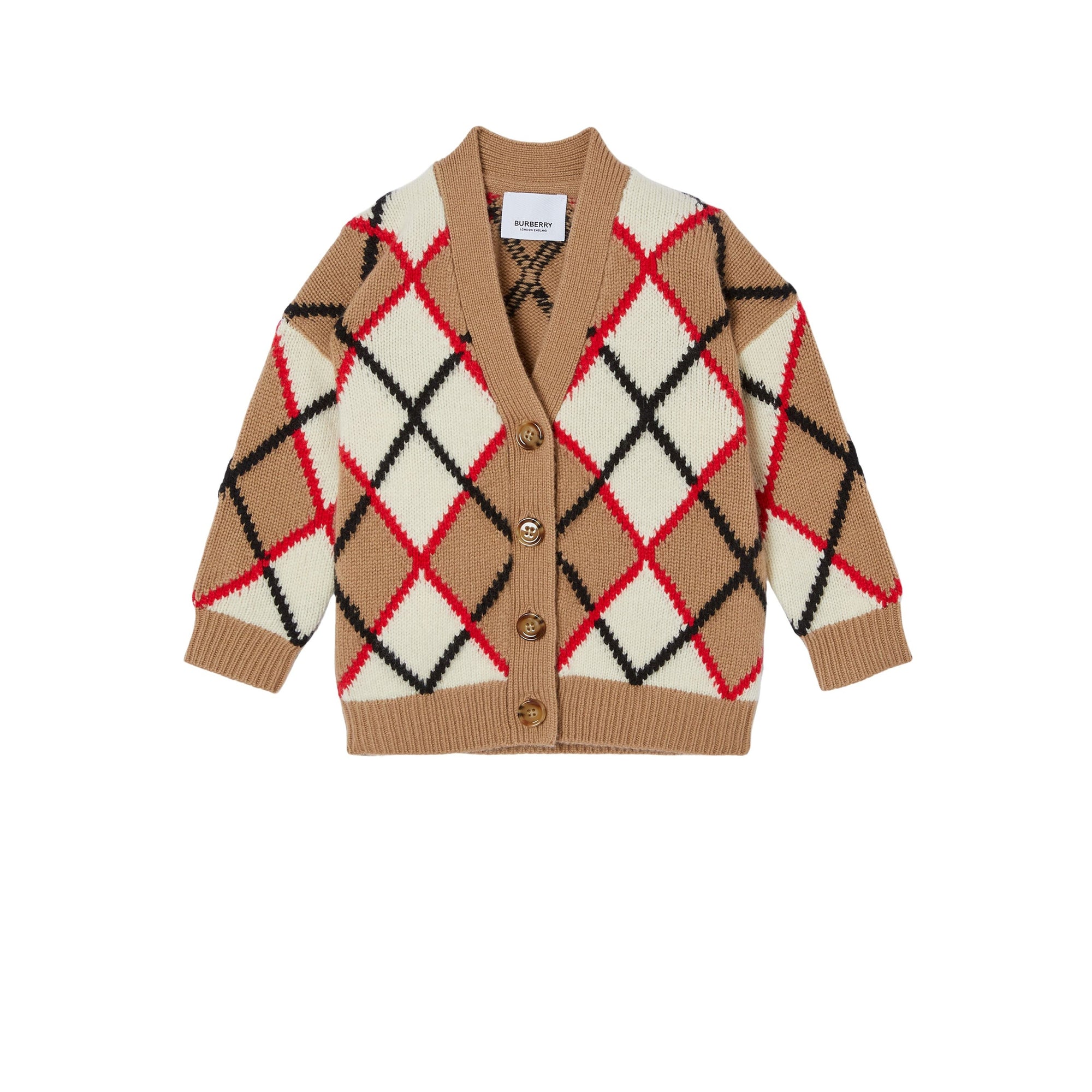 Cardigan en laine et cachemire argyle jacquard - Camel