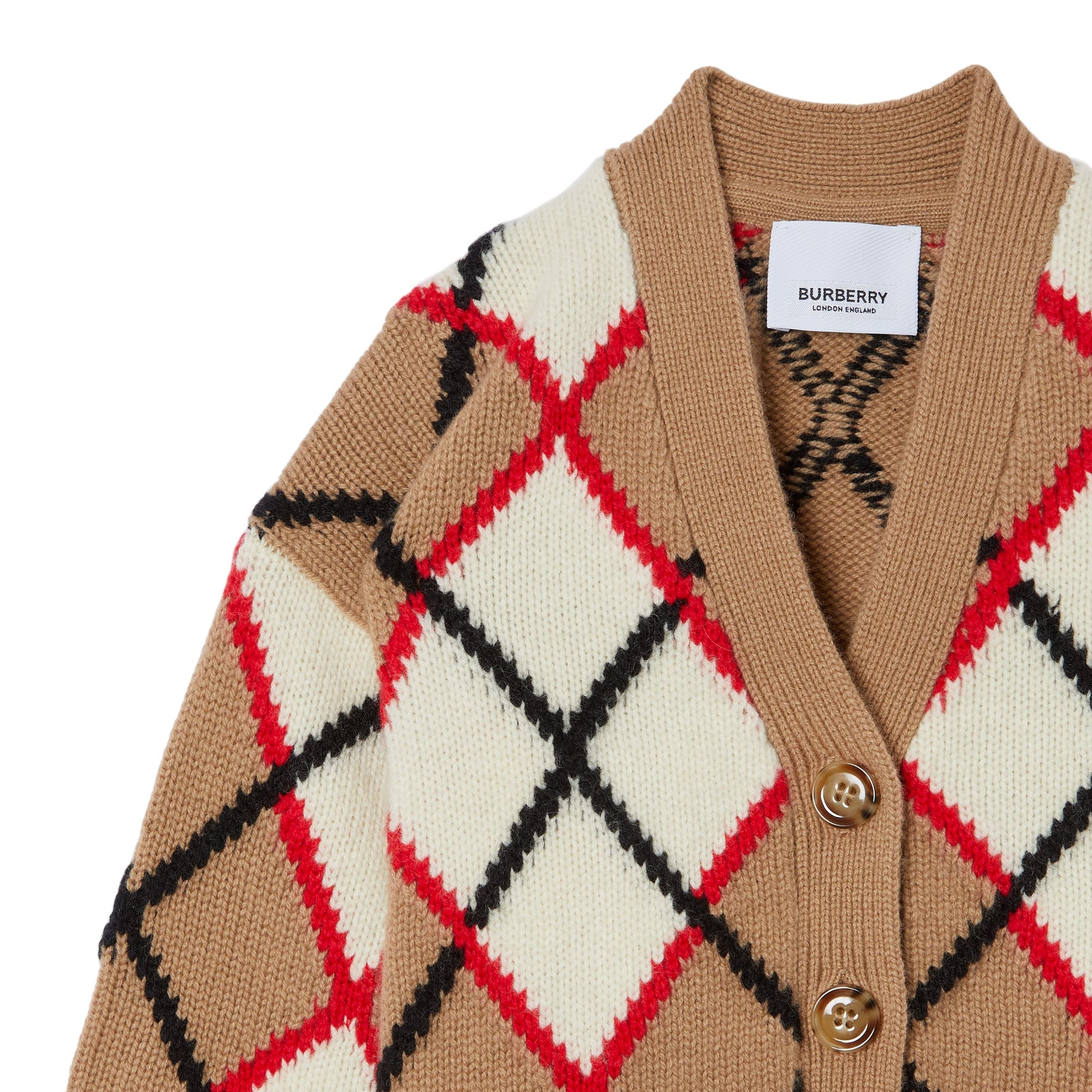 Cardigan en laine et cachemire argyle jacquard - Camel