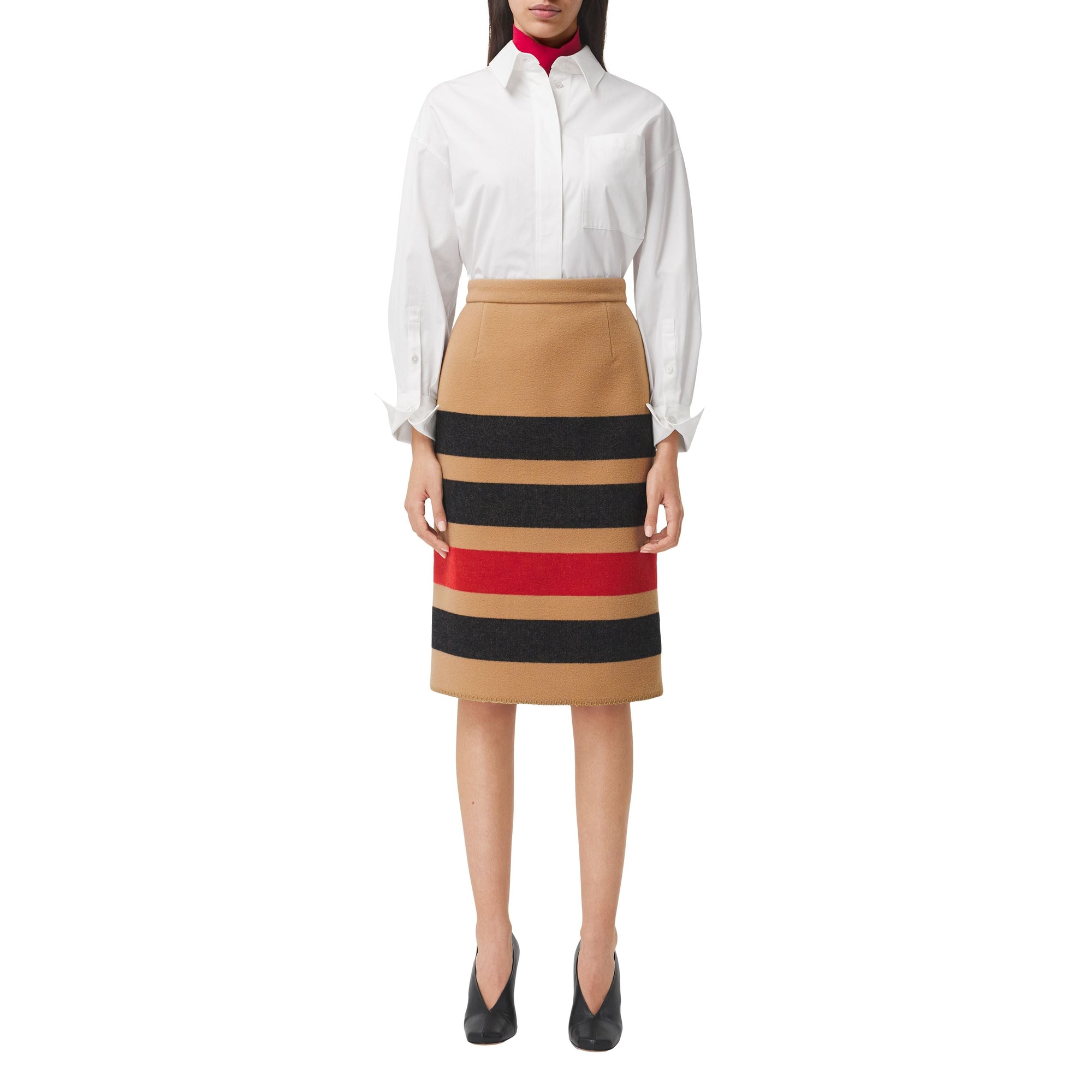 Jupe crayon en laine rayée - Camel Stripe