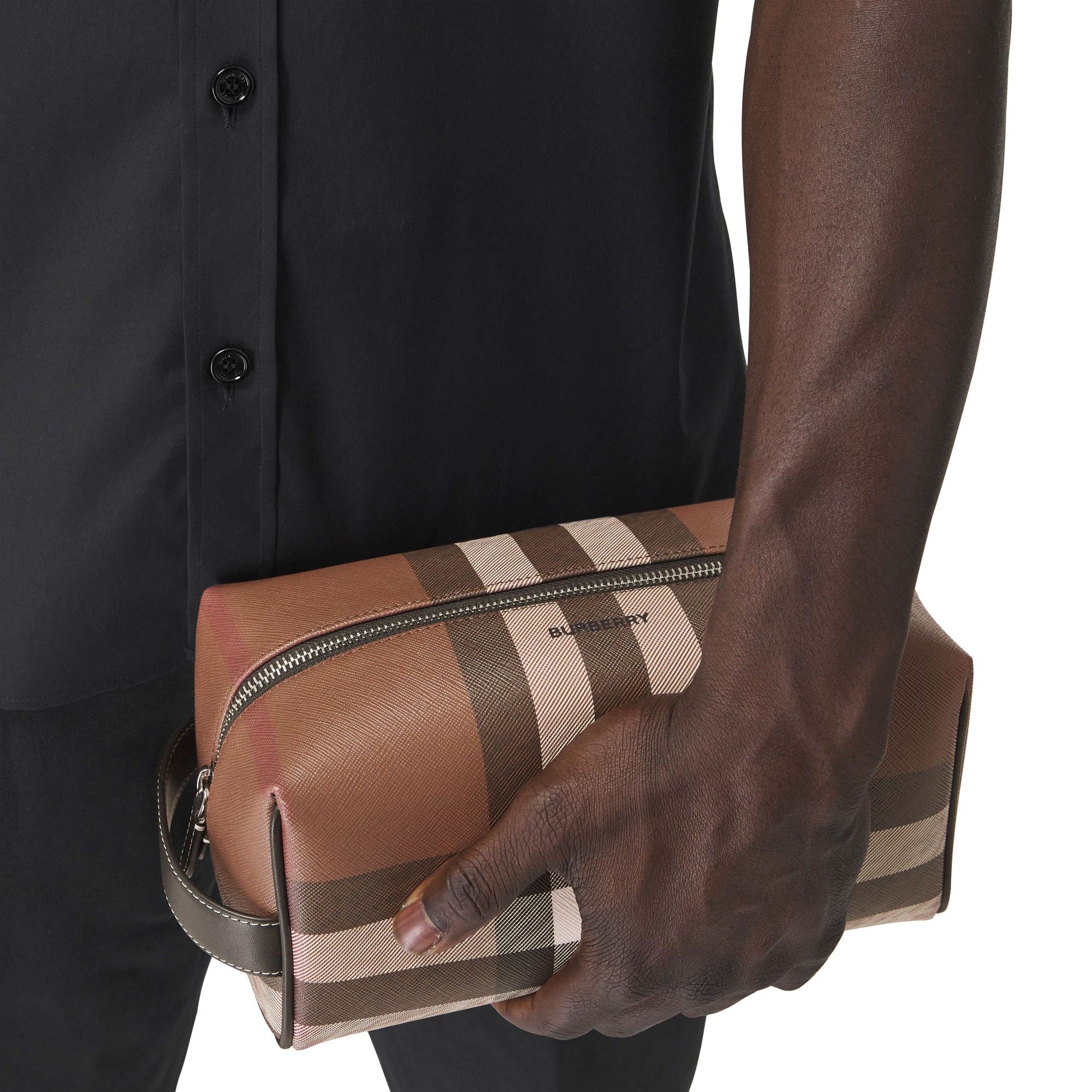 Pochette de voyage en tissu check et cuir - Dark Birch Brown