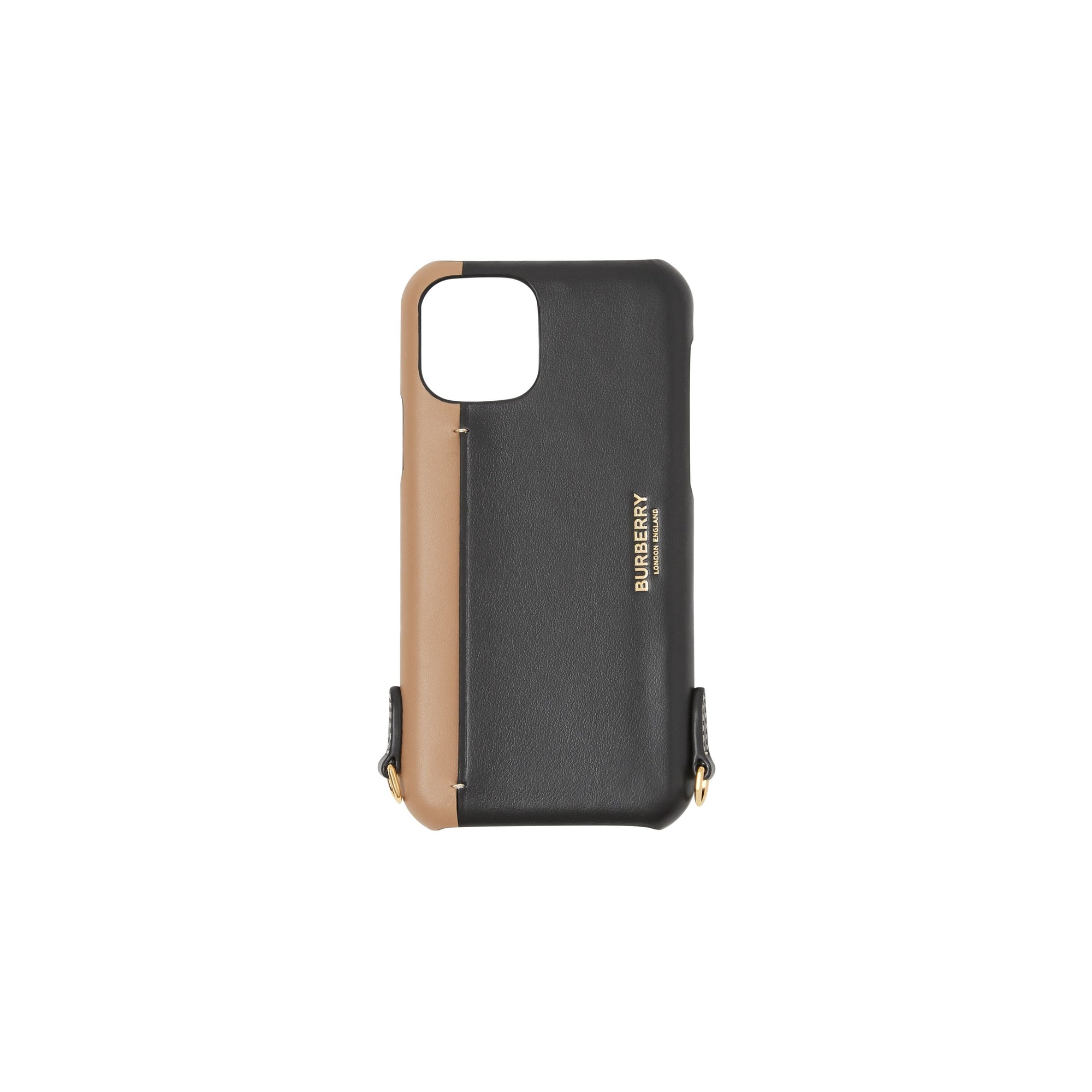 Coque pour iPhone 11 Pro en cuir bicolore avec lanière - Black & Camel