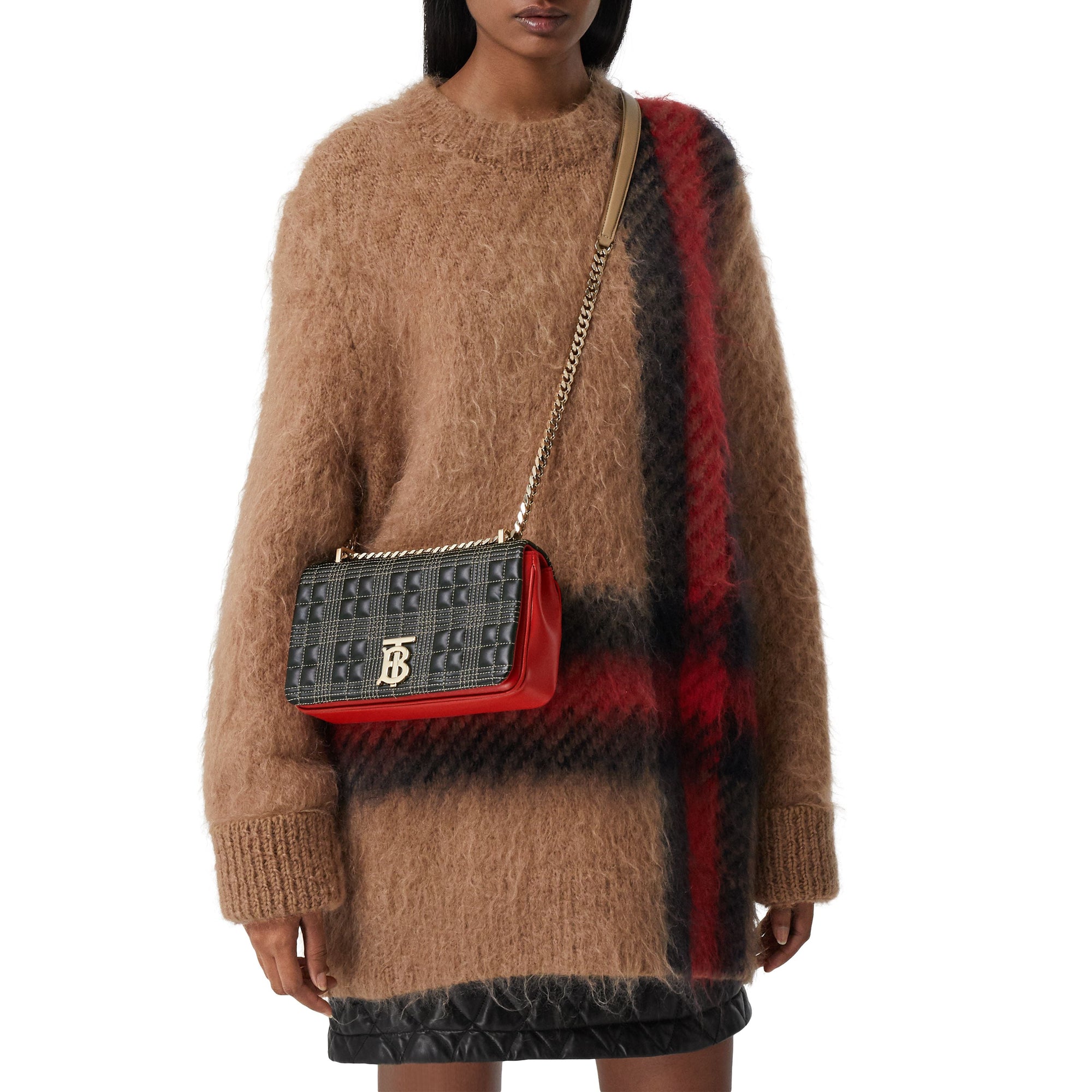 Petit sac Lola matelassé en cuir d'agneau tricolore - Black & Red & Camel