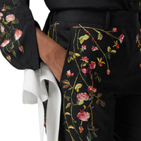 Pantalon tailleur en laine stretch avec roses brodées - Black