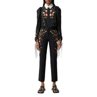 Pantalon tailleur en laine stretch avec roses brodées - Black