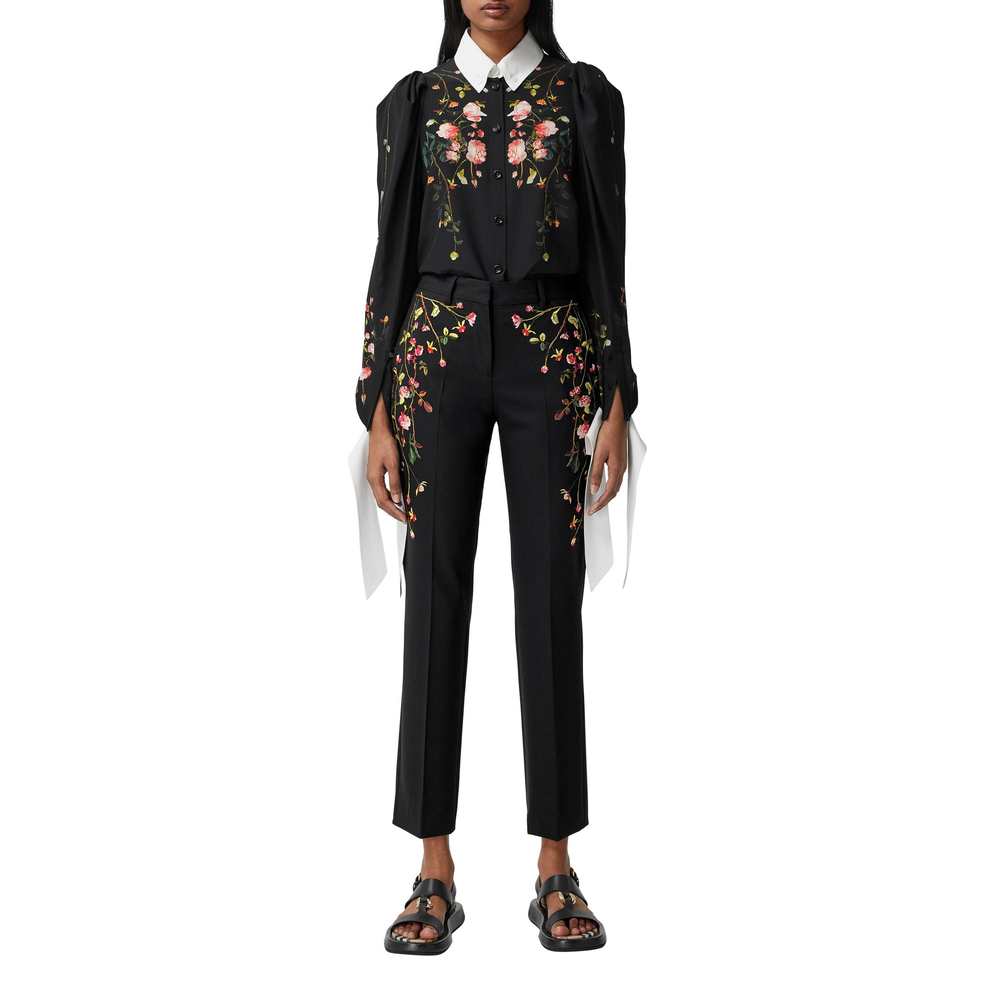 Pantalon tailleur en laine stretch avec roses brodées - Black