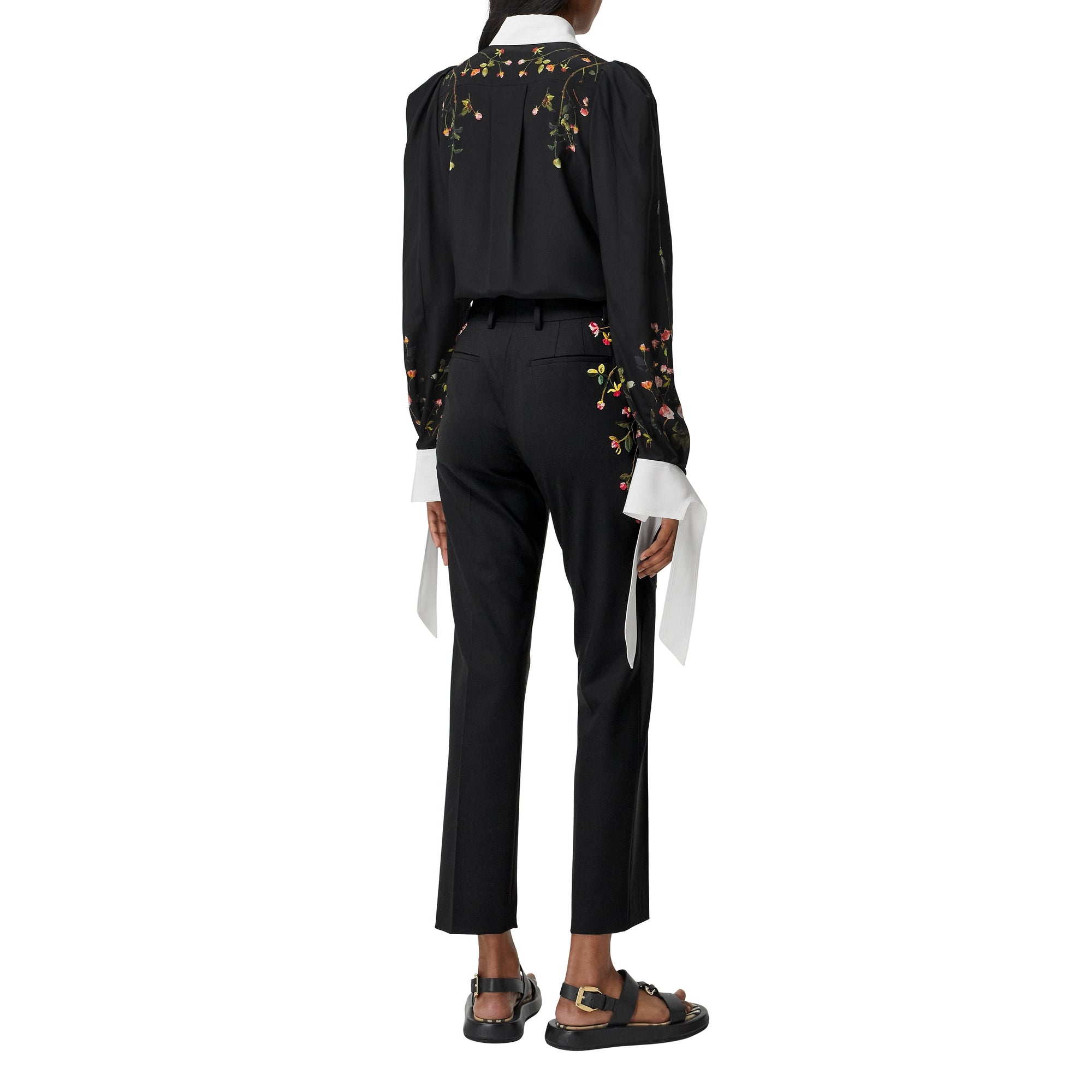 Pantalon tailleur en laine stretch avec roses brodées - Black
