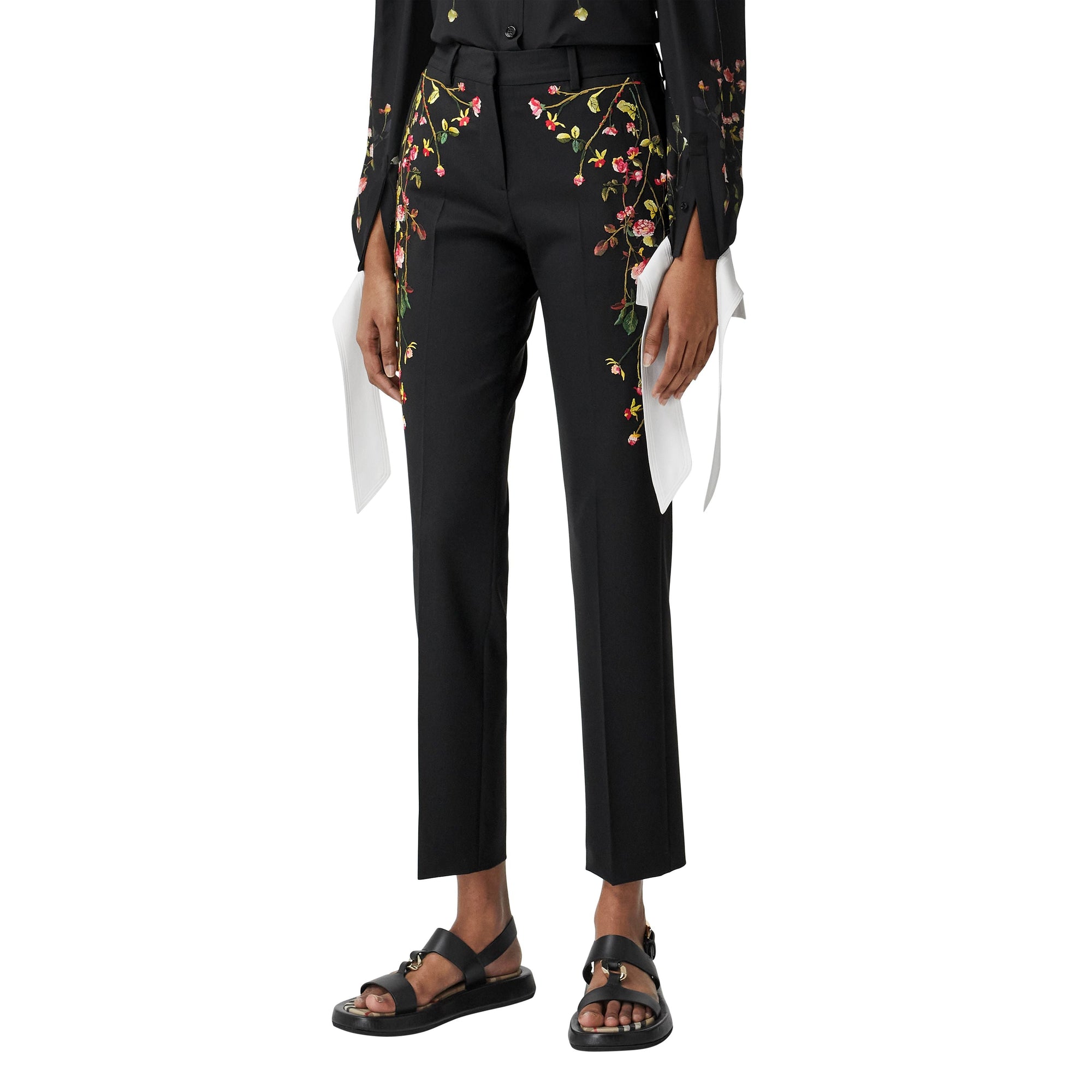 Pantalon tailleur en laine stretch avec roses brodées - Black
