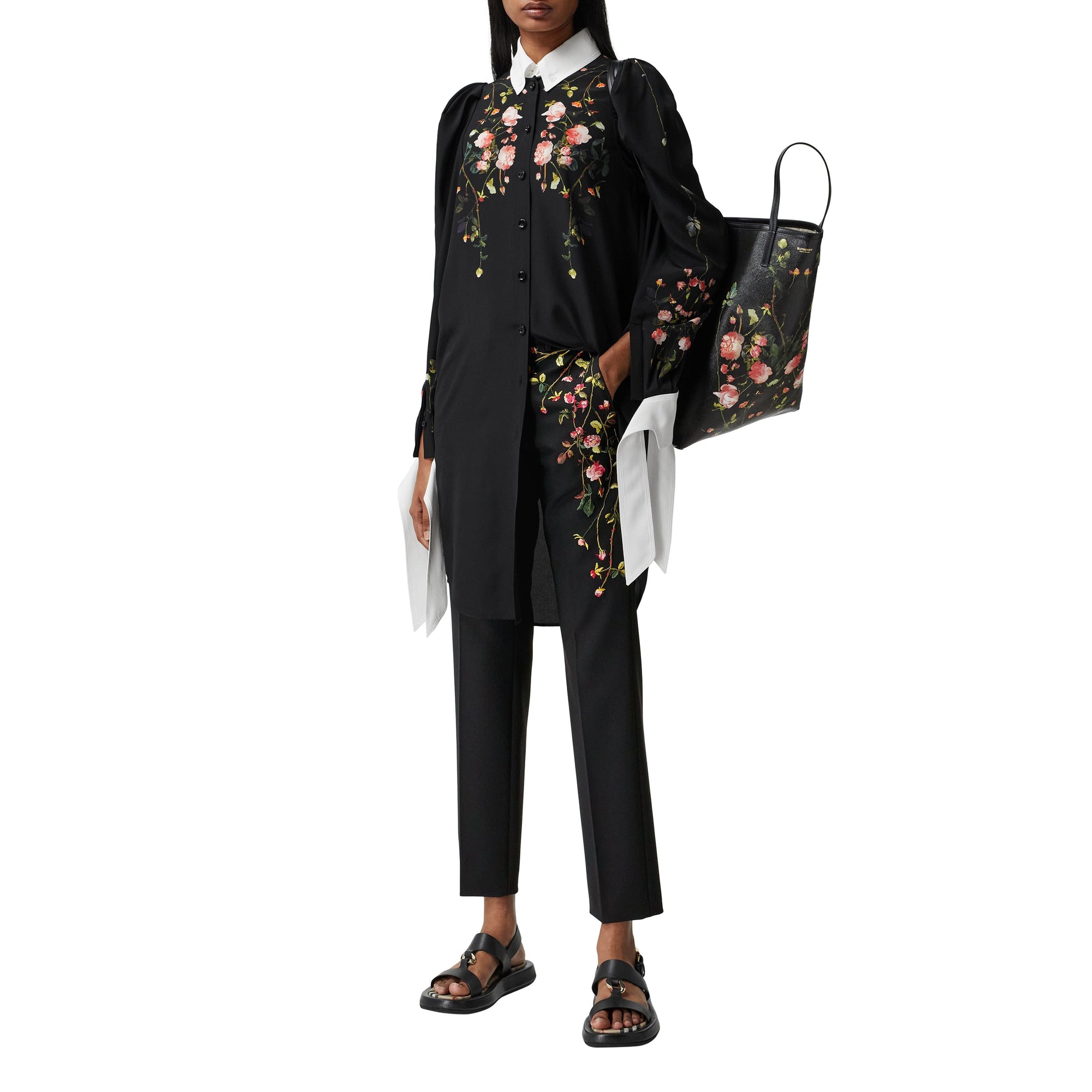 Pantalon tailleur en laine stretch avec roses brodées - Black