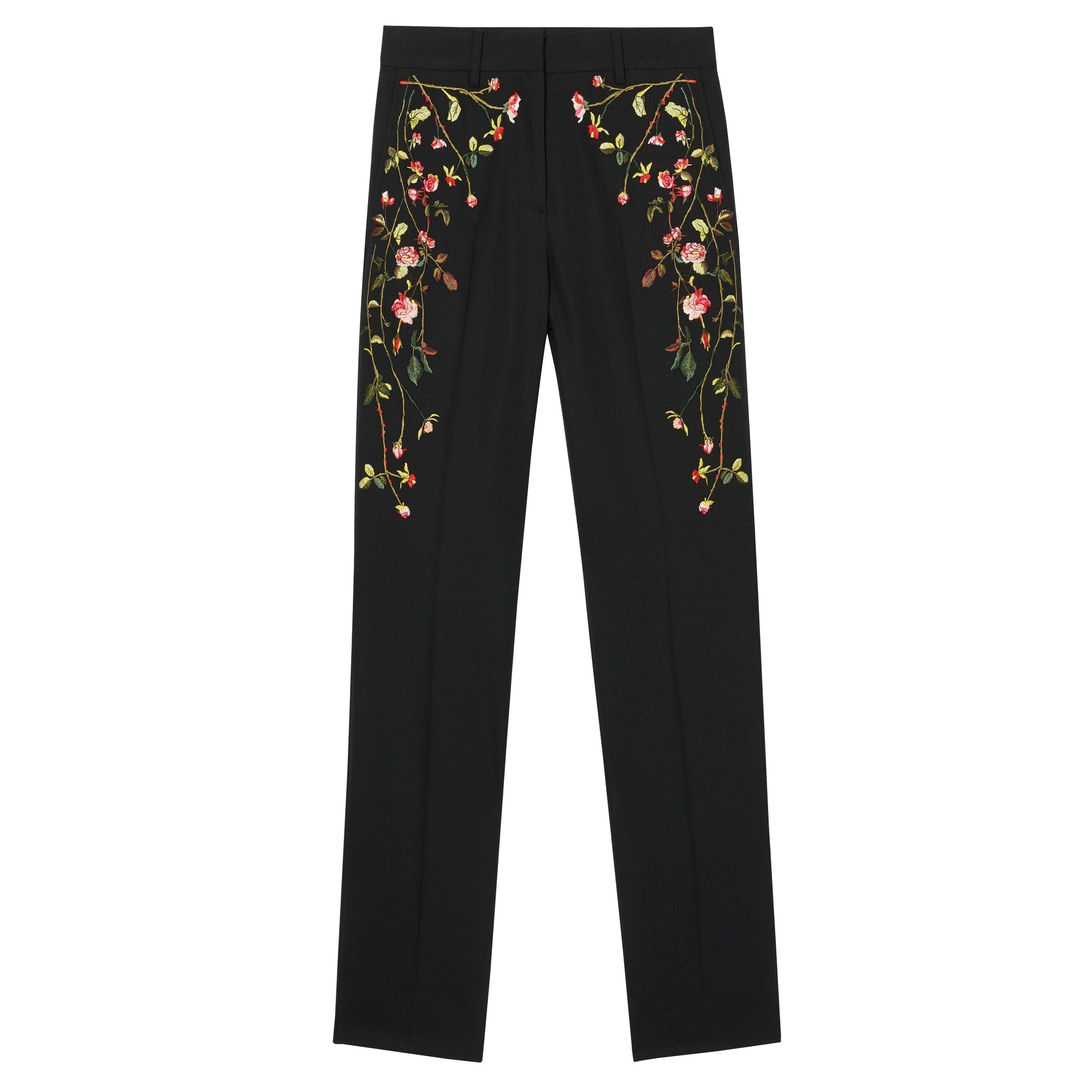 Pantalon tailleur en laine stretch avec roses brodées - Black