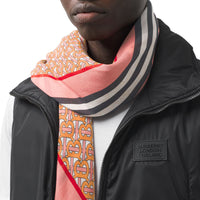 Grand carré en laine et soie monogramme à rayures - Camelia Pink